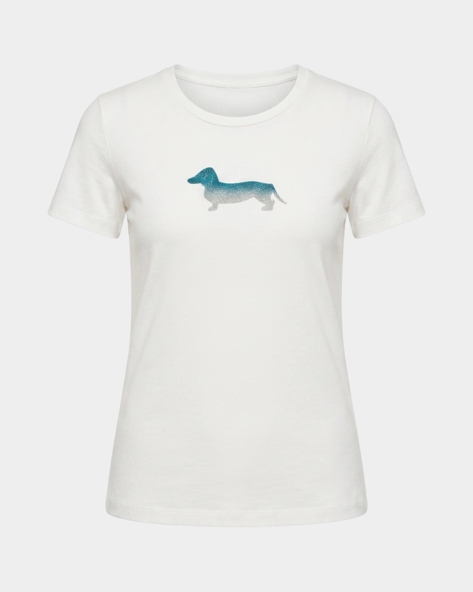 Women's  stretch cotton T-shirt with glitter maxi dachshund, WHITE, large