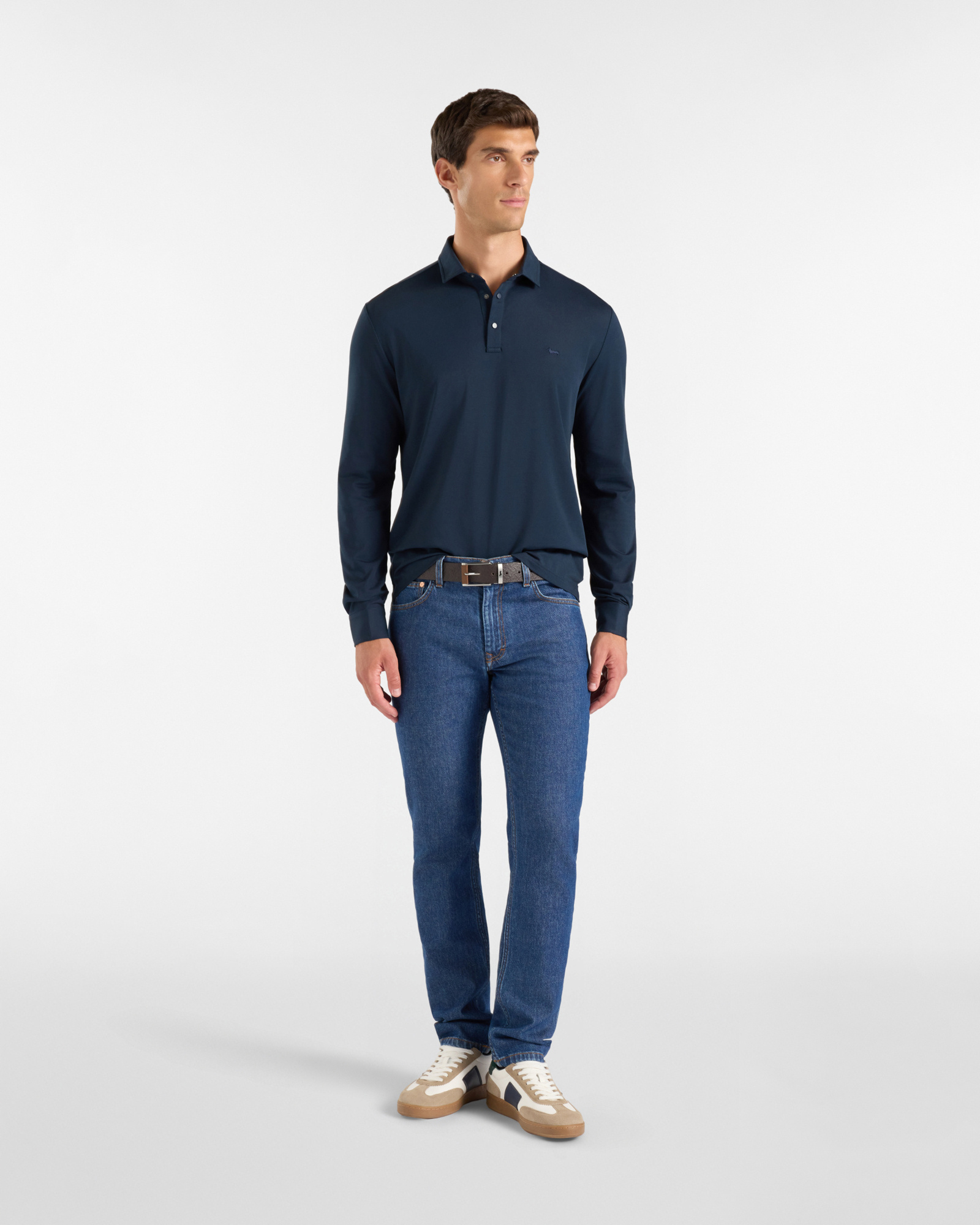 Men's long-sleeve gray stretch cotton piqu&eacute; polo shirt, NAVY BLUE, large
