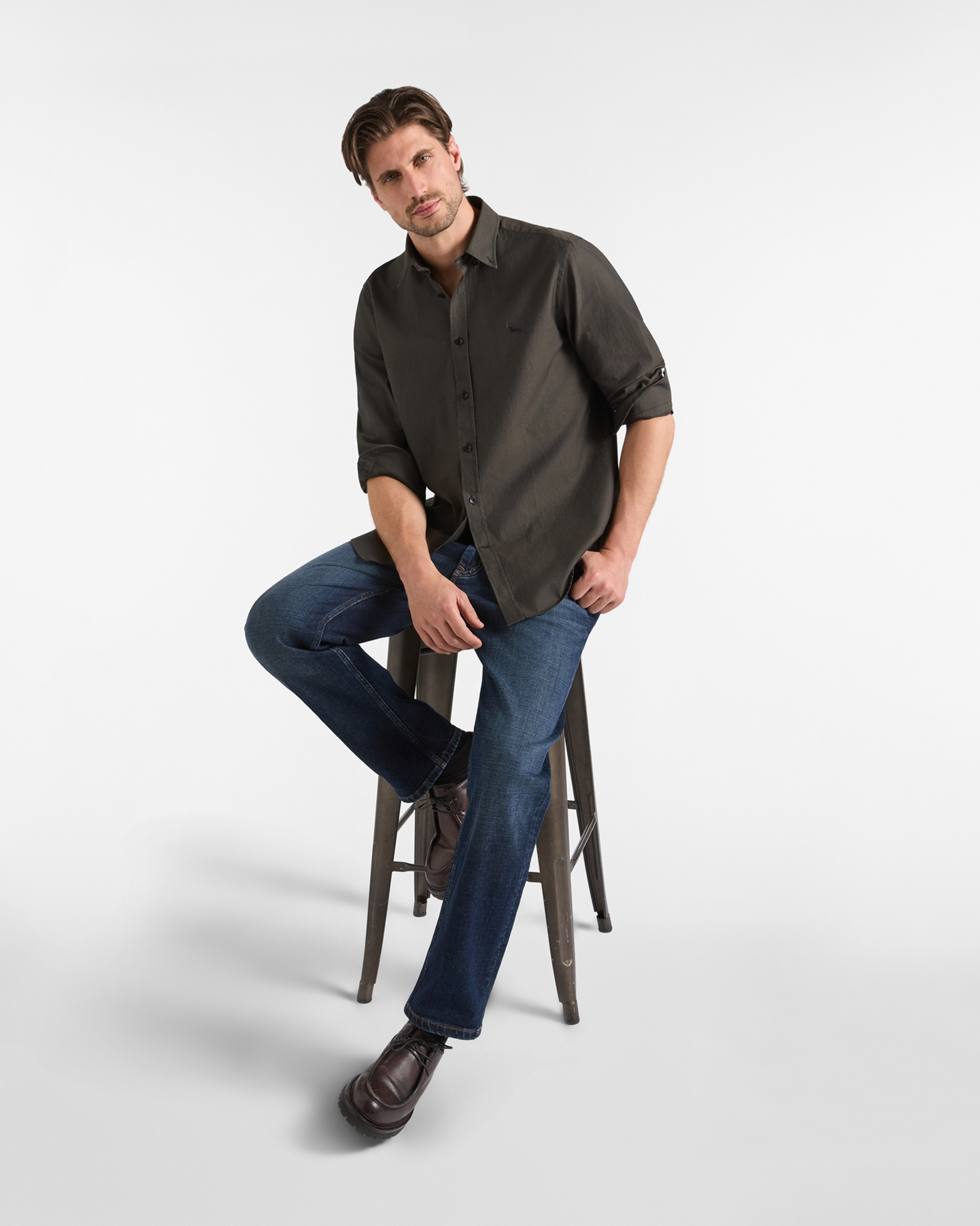 Camicia Uomo Regular Fit in Oxford Tinto Filo, VERDE, large