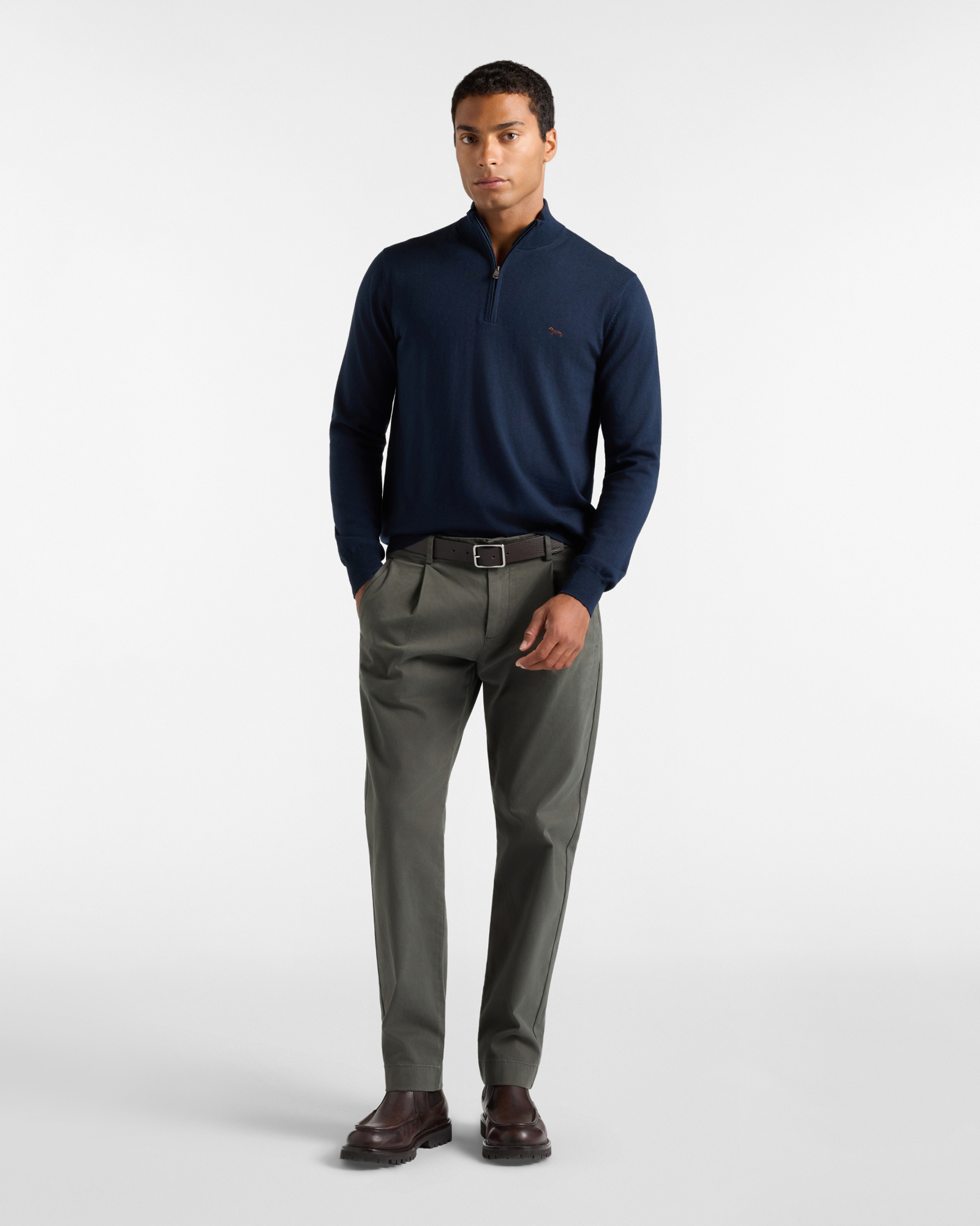 Men's regular fit sweater with half-zip stand-up collar in a  wool and cotton blend, NAVY BLUE, large