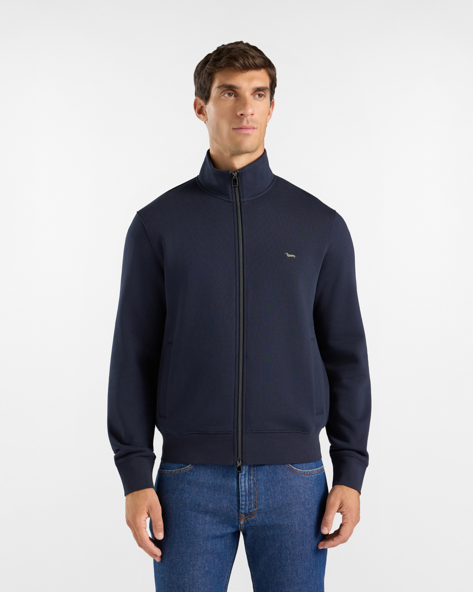 Men's blue full-zip turtleneck sweatshirt with welt pockets