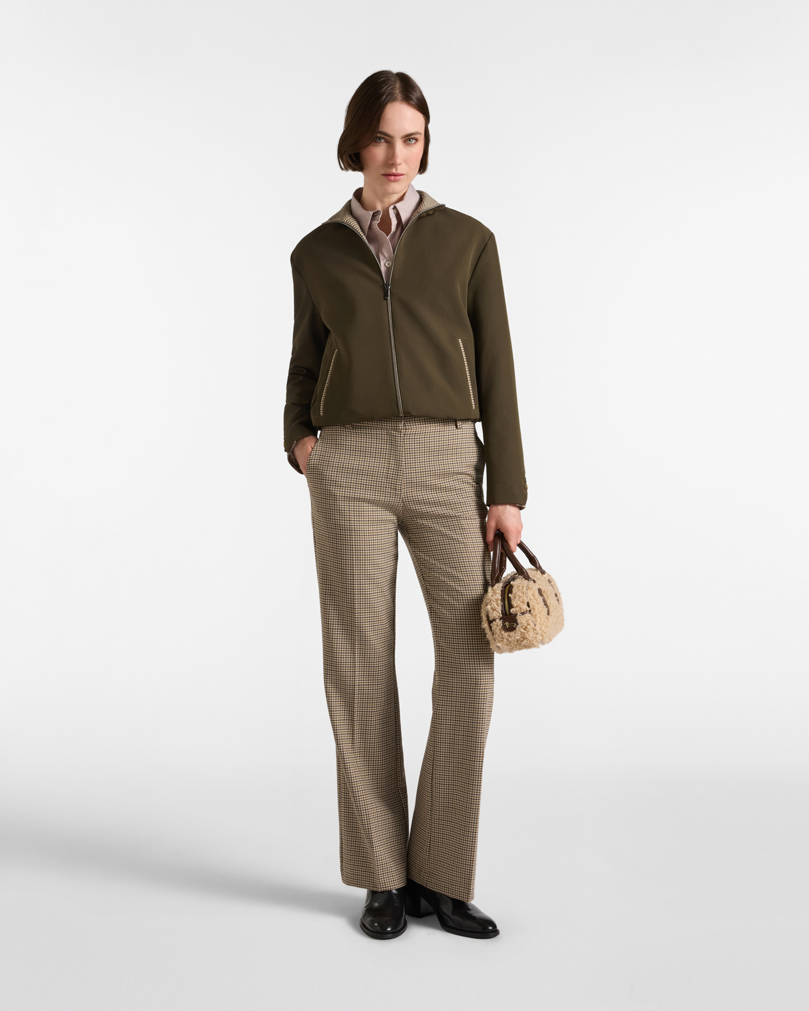 Bomber para mujer con inserciones micro-vichy Made in Italy, VERDE MILITAR, large