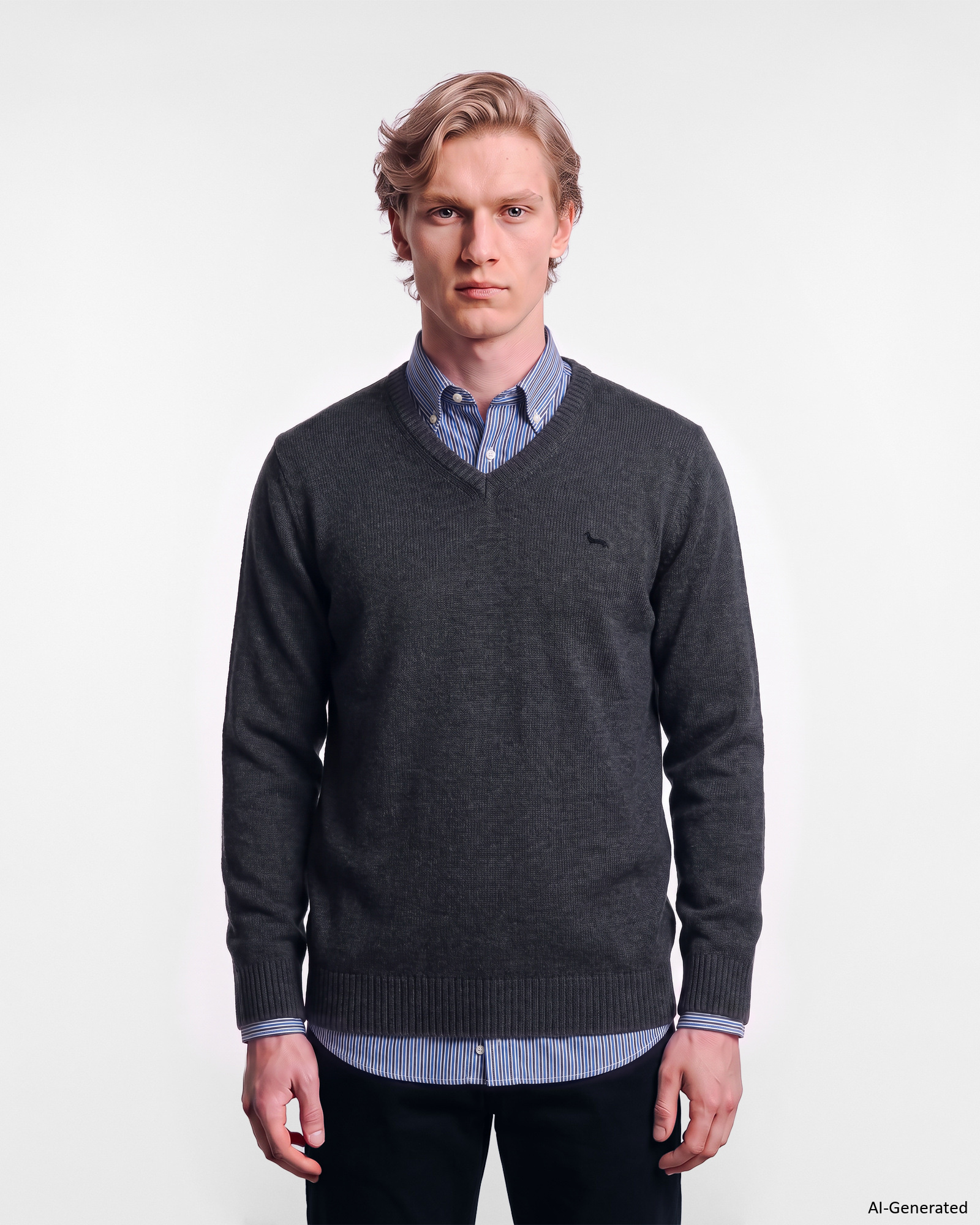 Jersey Hombre con cuello de pico en mezcla de lana color azul Regular Fit Made in Italy