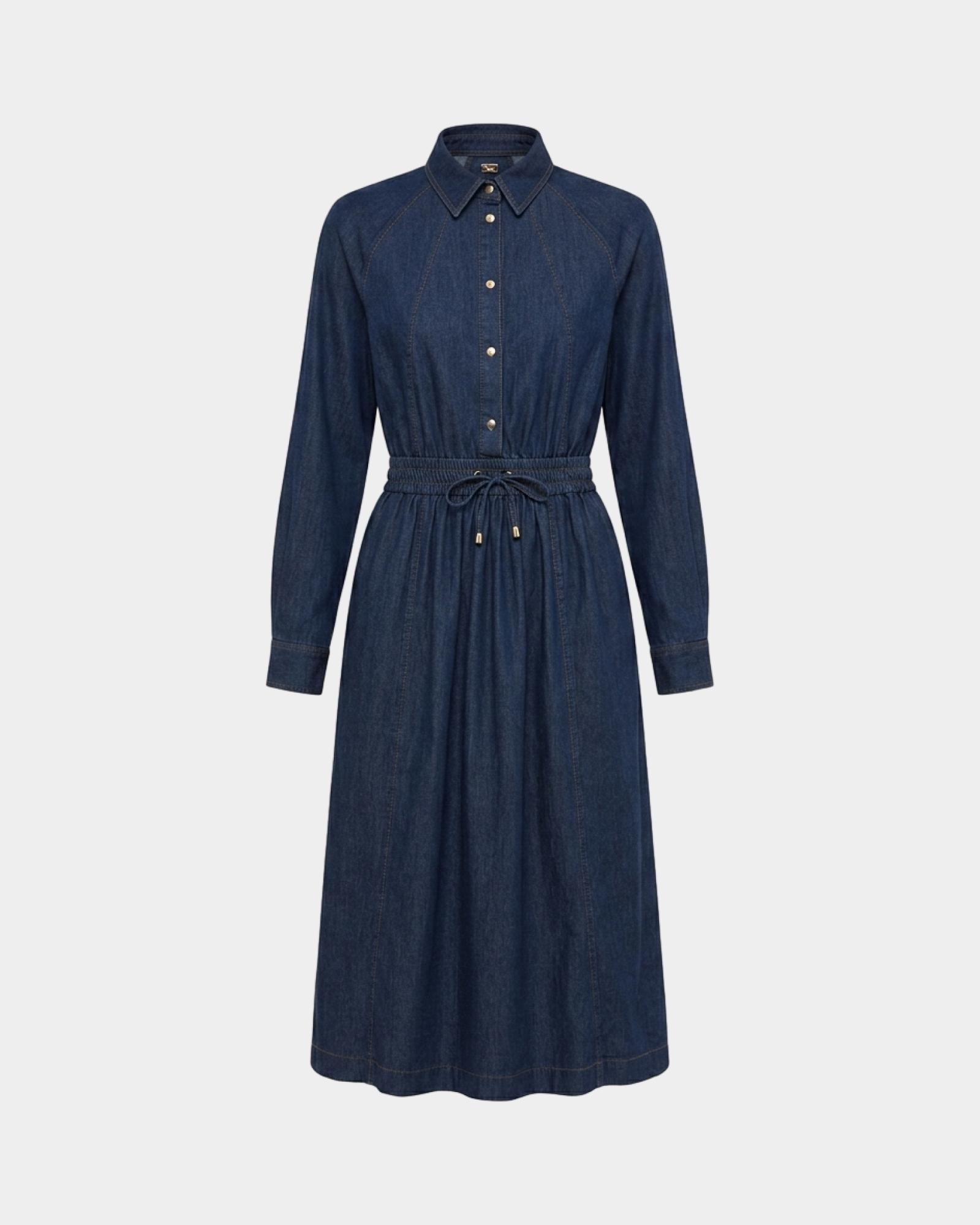 Vestido Camisero Midi de Mujer en Denim Azul con Cintura El&aacute;stica, AZUL DENIM, large