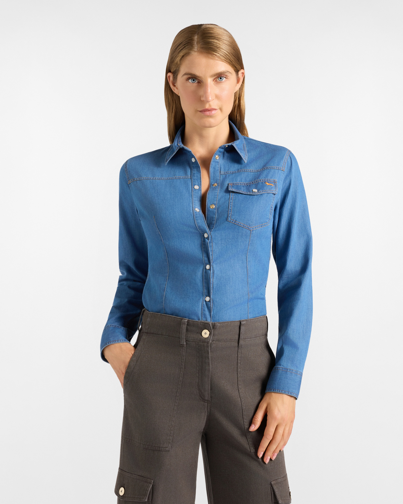 Camicia Donna basic in denim blu con taschino