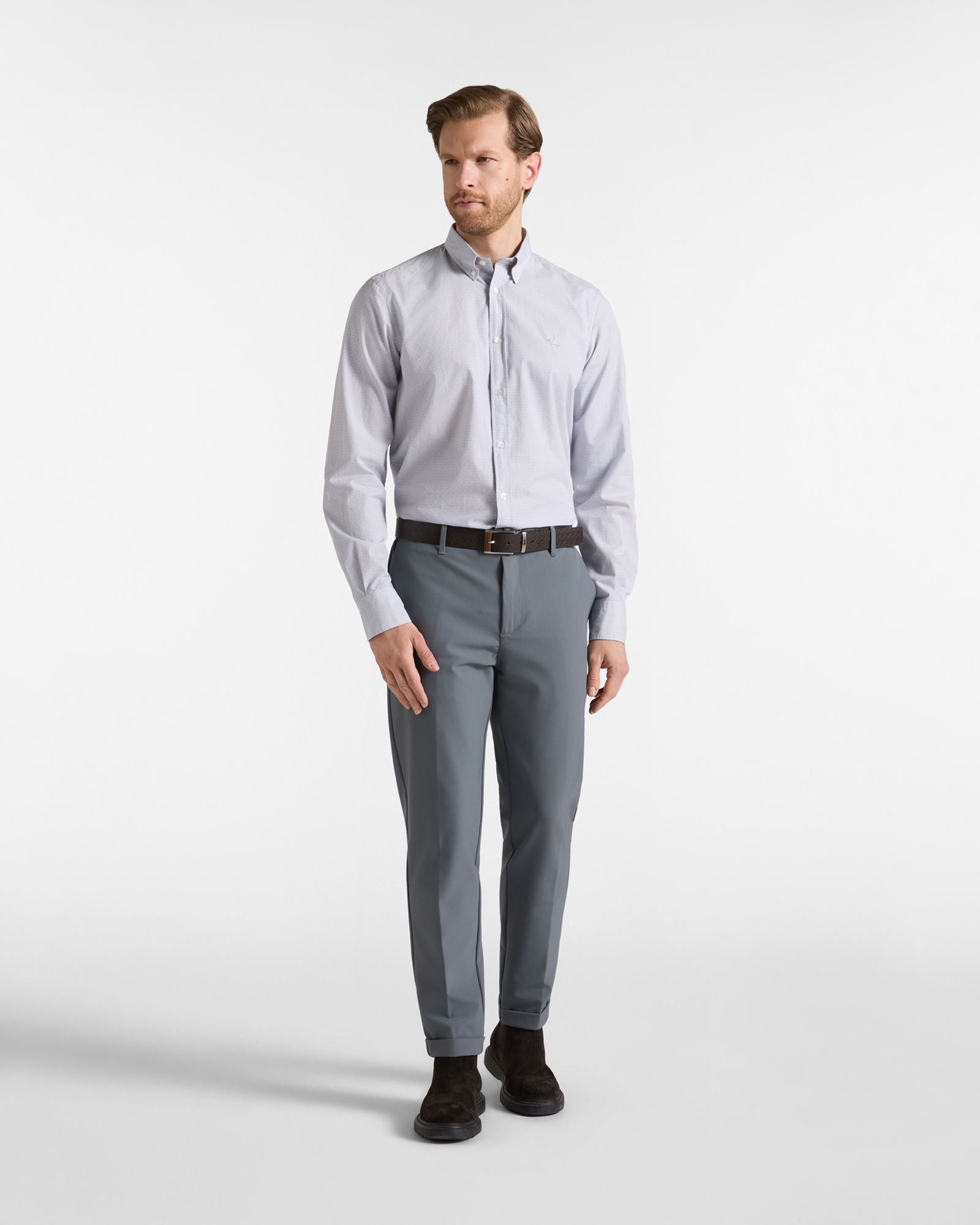 Camisa de hombre de popel&iacute;n de algod&oacute;n con microestampado, GRIS, large