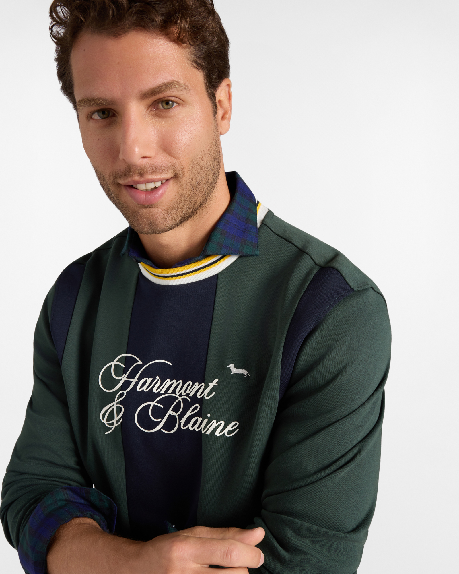 Sudadera para hombre con cuello redondo verde con paneles a contraste, VERDE BOTELLA, large