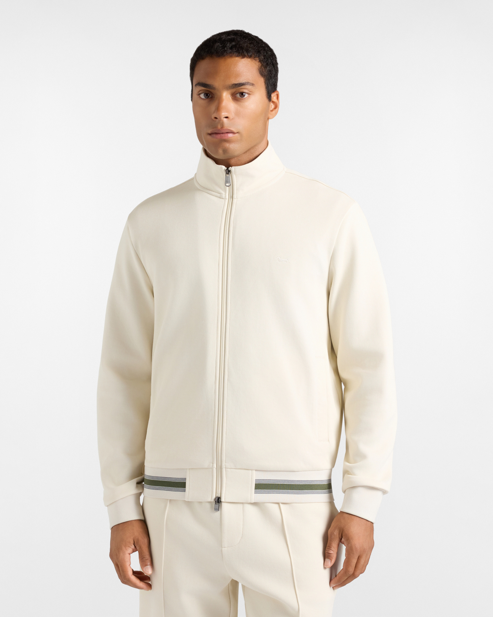 Felpa Uomo full zip in piquet beige con collo alto