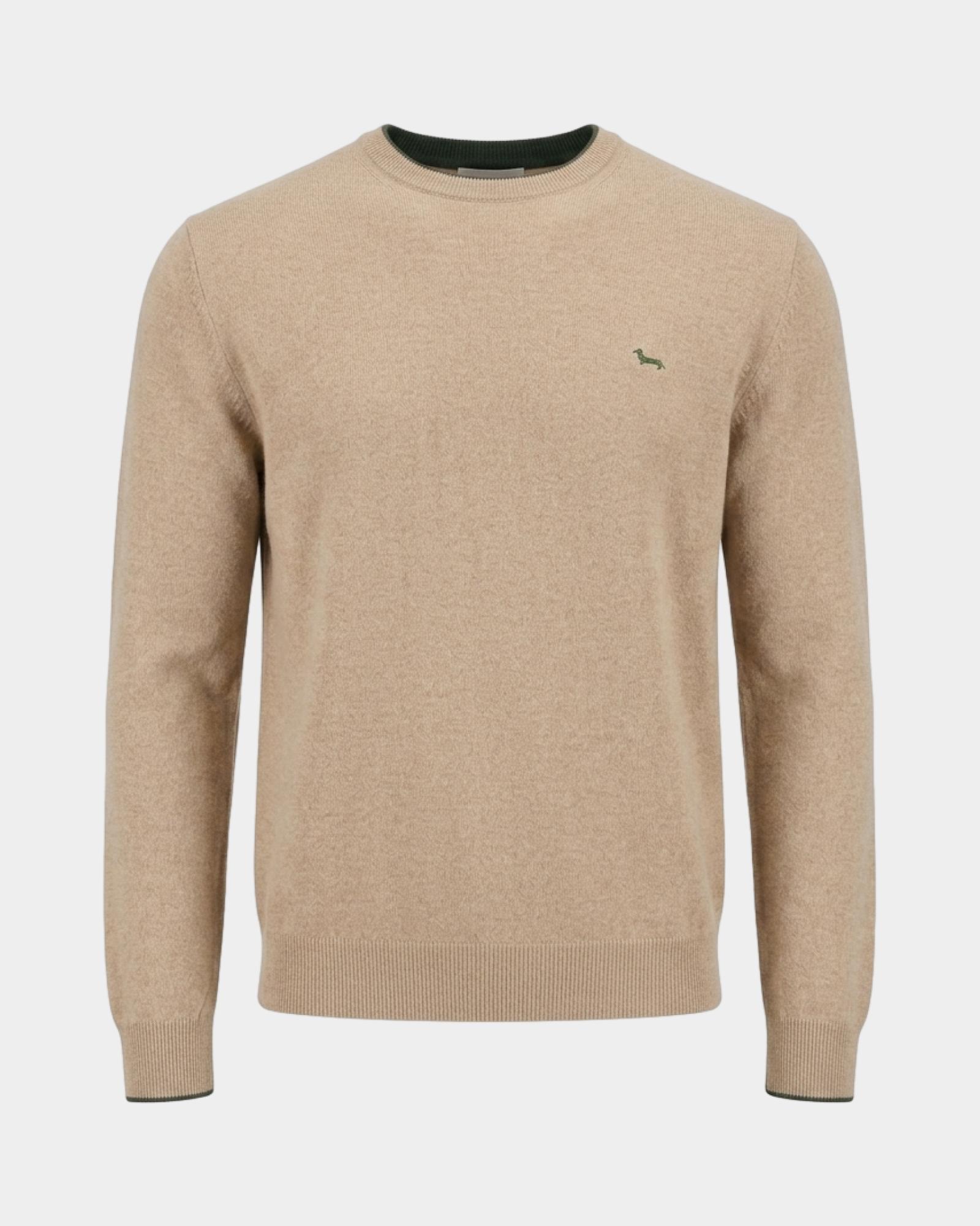 Herrenpullover mit Rundhalsausschnitt und Kontraststreifen aus Woll-Kaschmir-Mischgewebe in Grau mit regul&auml;rer Passform, BEIGE, large