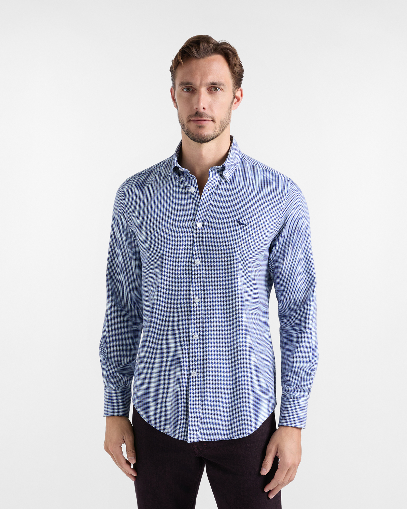 Camisa de hombre en algod&oacute;n reforzado pata de gallo de corte regular, color azul