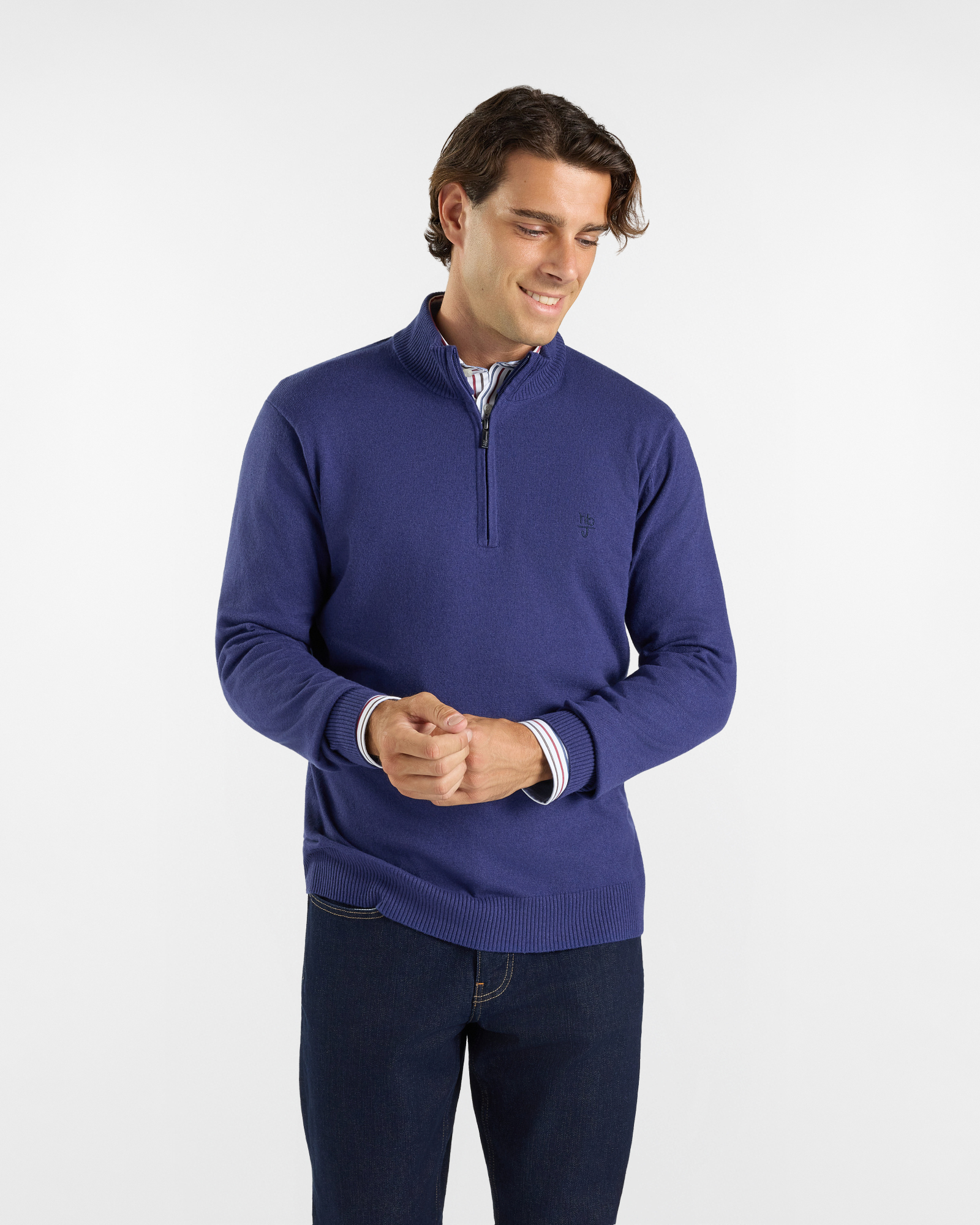 Maglia HBJ Uomo in Punto Cardato Half-Zip in Misto Lana e Cashmere Blu