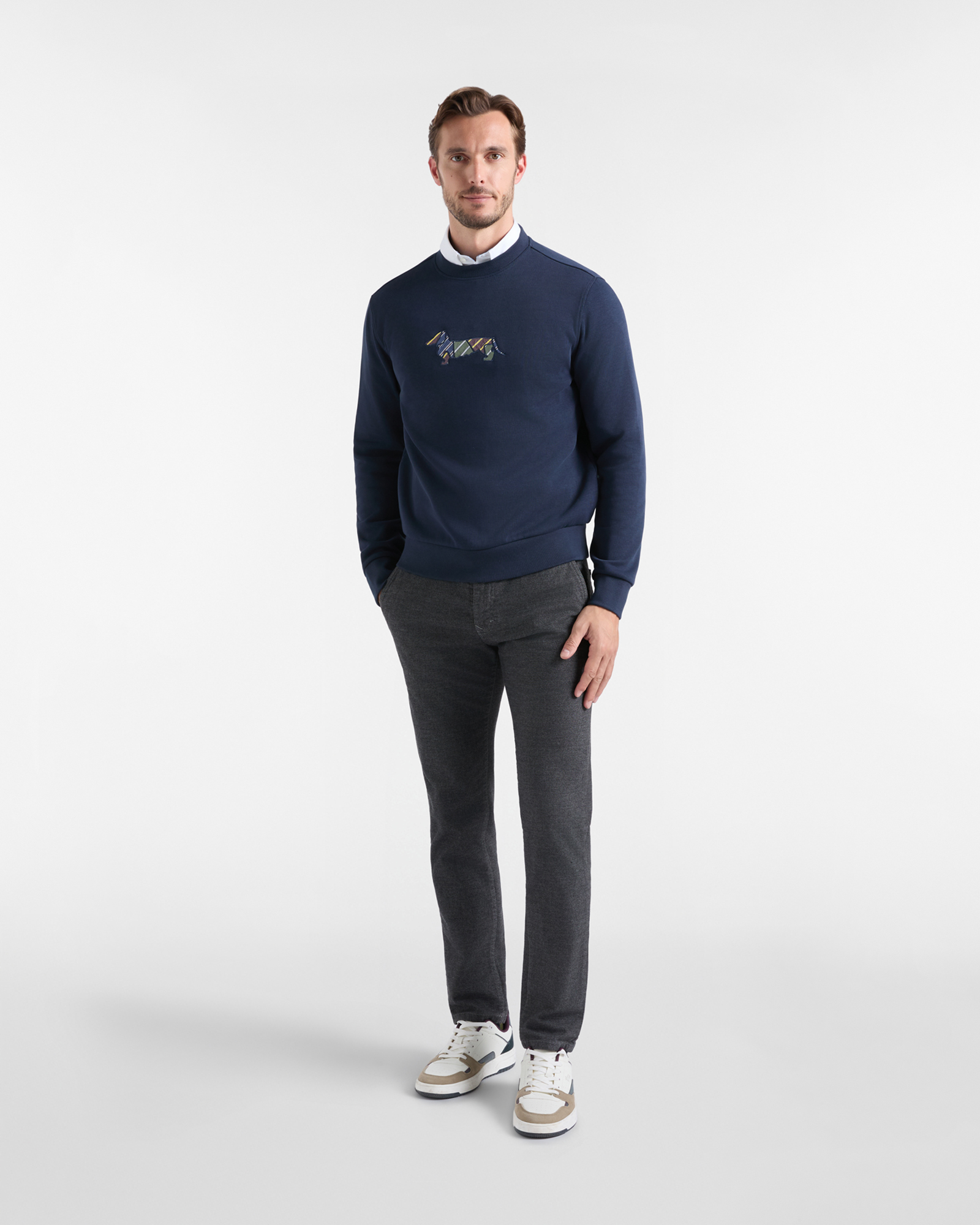 Men's blue ribbed cotton crewneck sweatshirt with regimental patch, NAVY BLUE, large