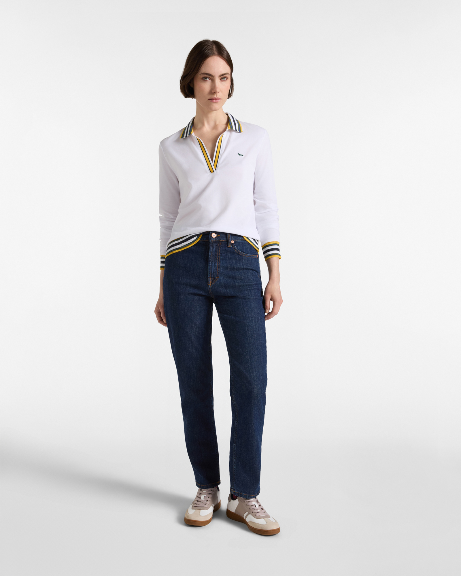 Polo da donna manica lunga con scollo a V in cotone stretch, BIANCO, large