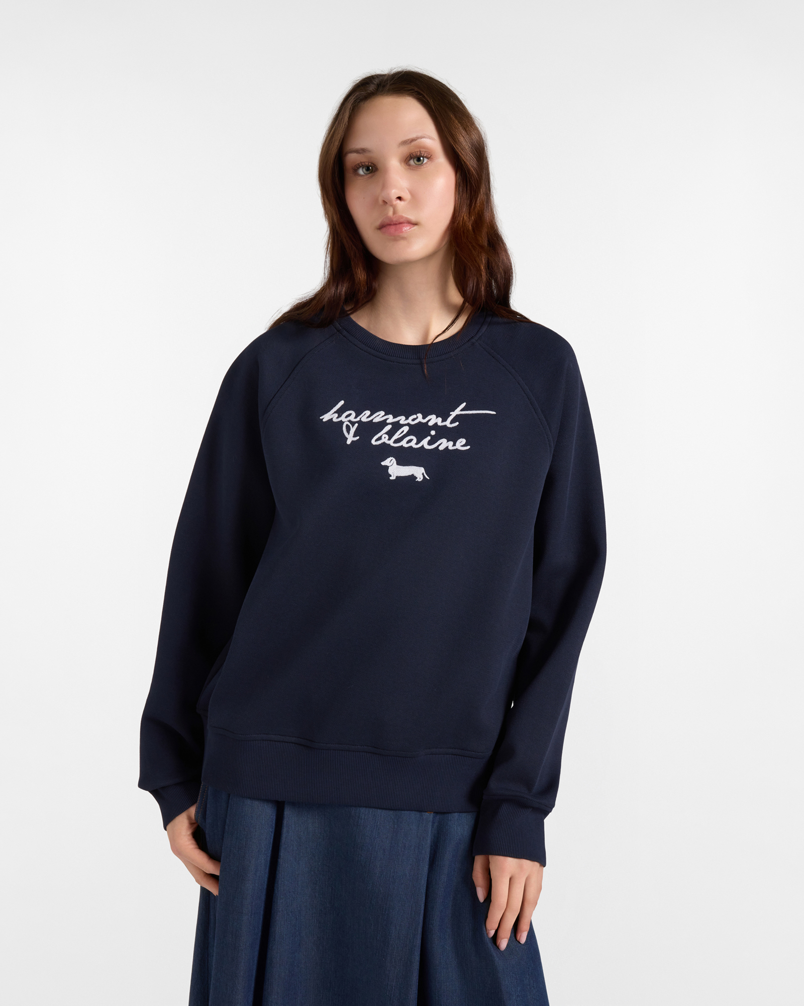 Felpa Donna girocollo blu con manica raglan e ricamo logo
