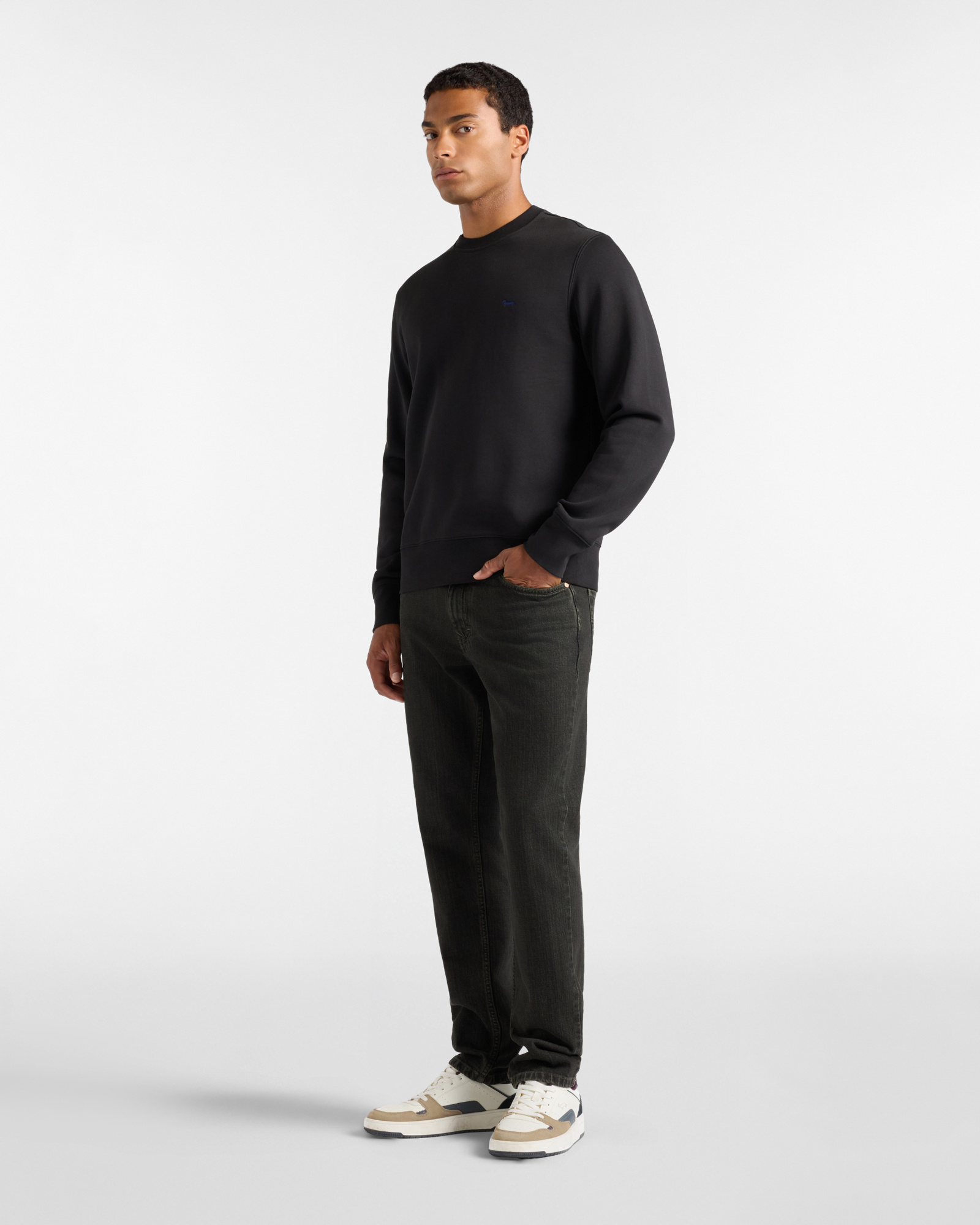 Sudadera para hombre con cuello redondo en felpa perchada de corte Regular, NEGRO, large