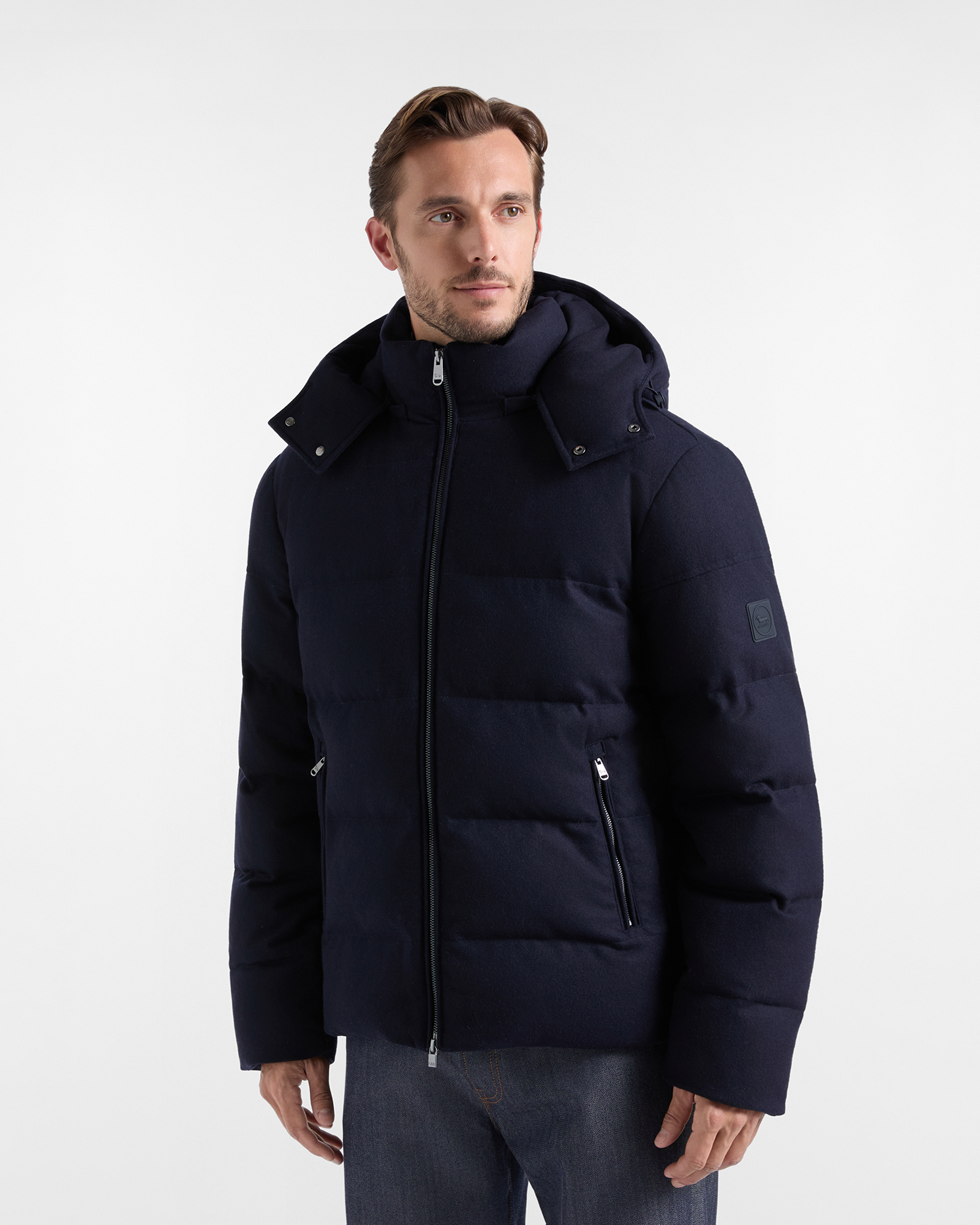 Men&rsquo;s padded bomber jacket with hood in navy blue wool and silk blend