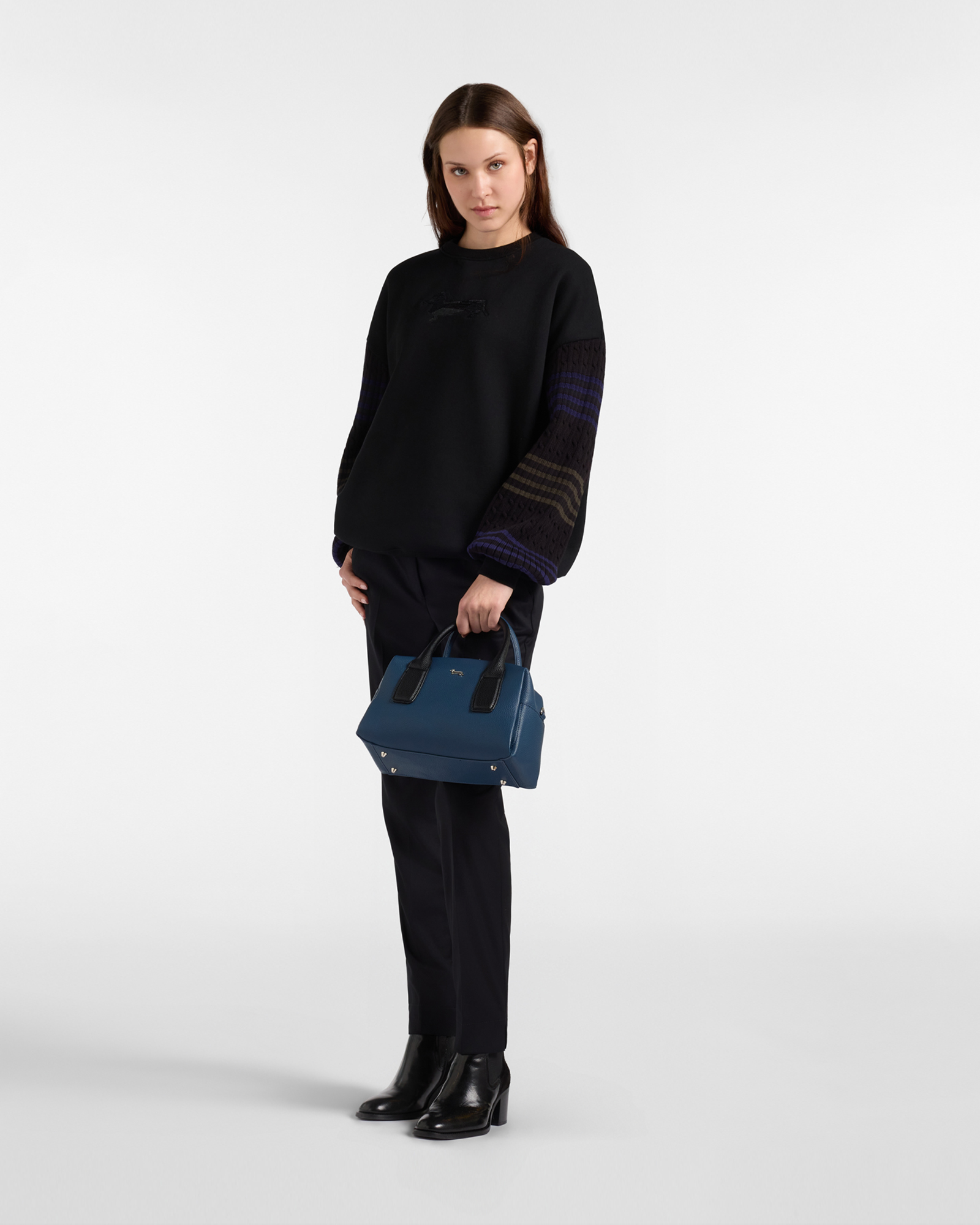 Felpa Donna over fit con maniche in maglia, NERO, large