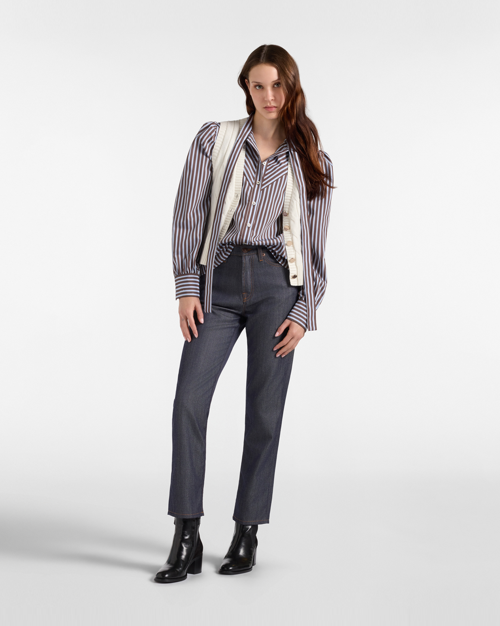 Camicia Donna a righe con collo a fiocco Made in Italy, MARRONE, large