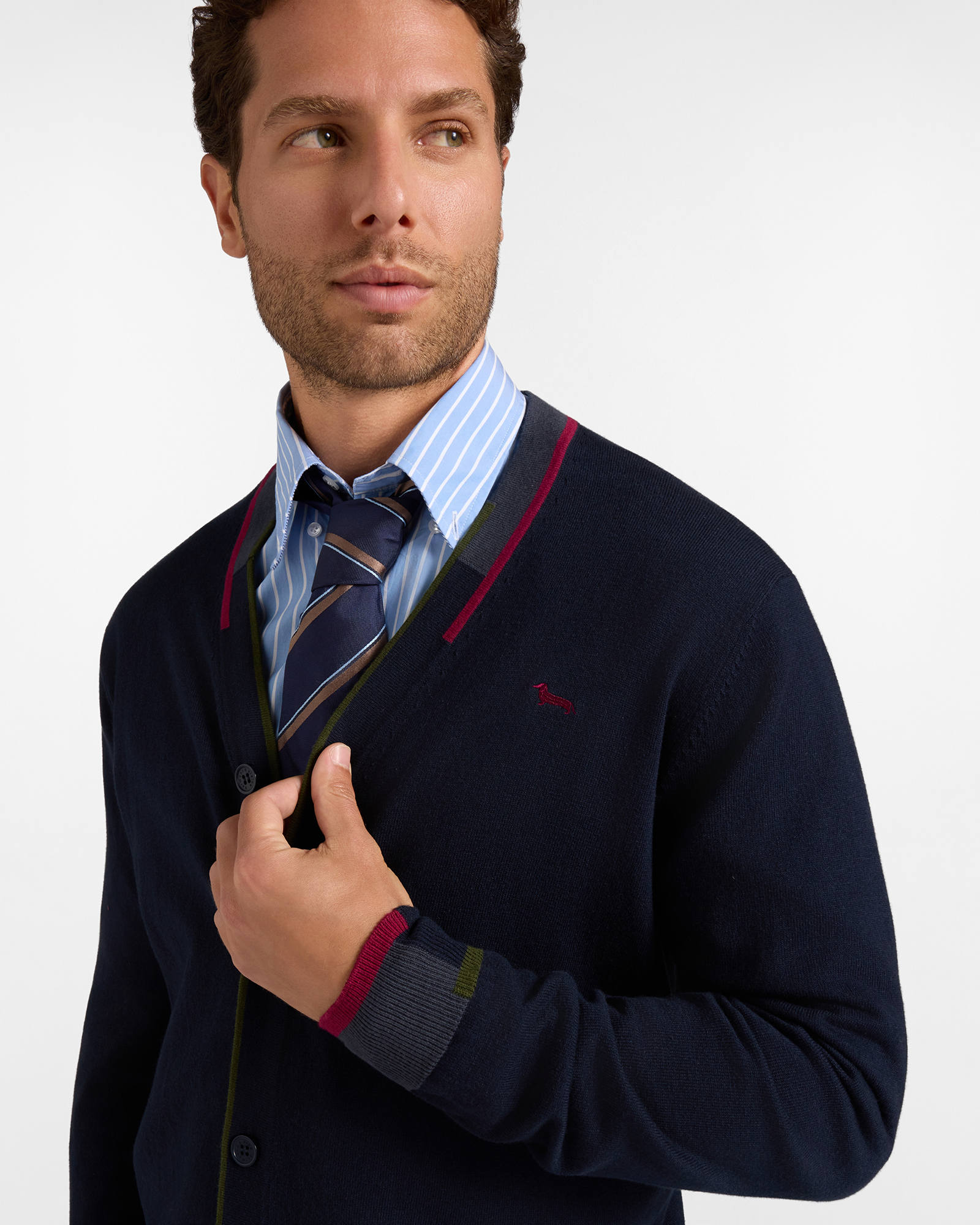 Herren-Strickjacke mit V-Ausschnitt aus Wolle und Baumwolle mit regul&auml;rer Passform, MARINEBLAU, large