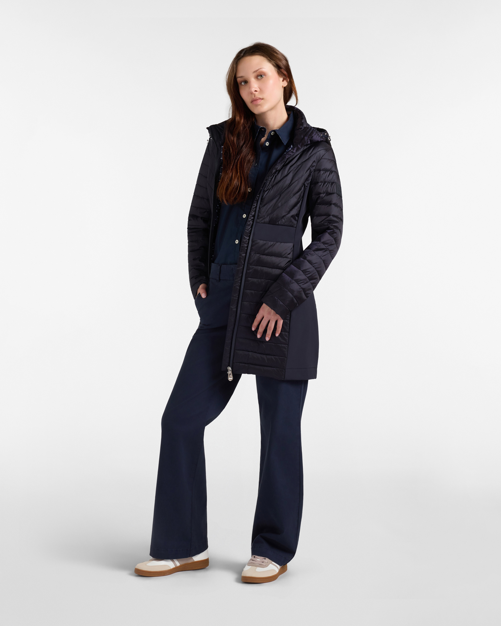 Giubbino da donna trapuntato lungo Slim Fit, BLU, large