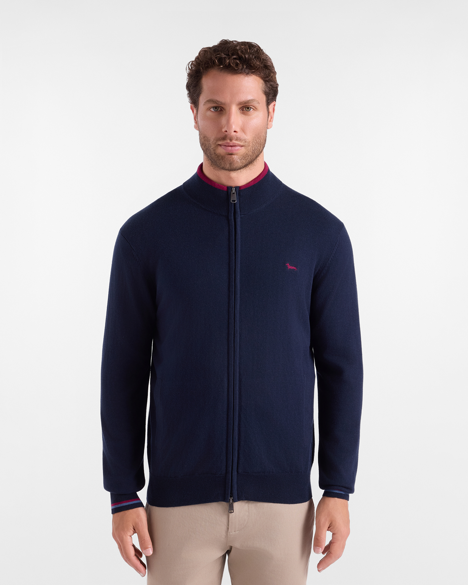 Jersey Hombre con cuello alto full zip en mezcla de lana y algod&oacute;n color azul Regular Fit