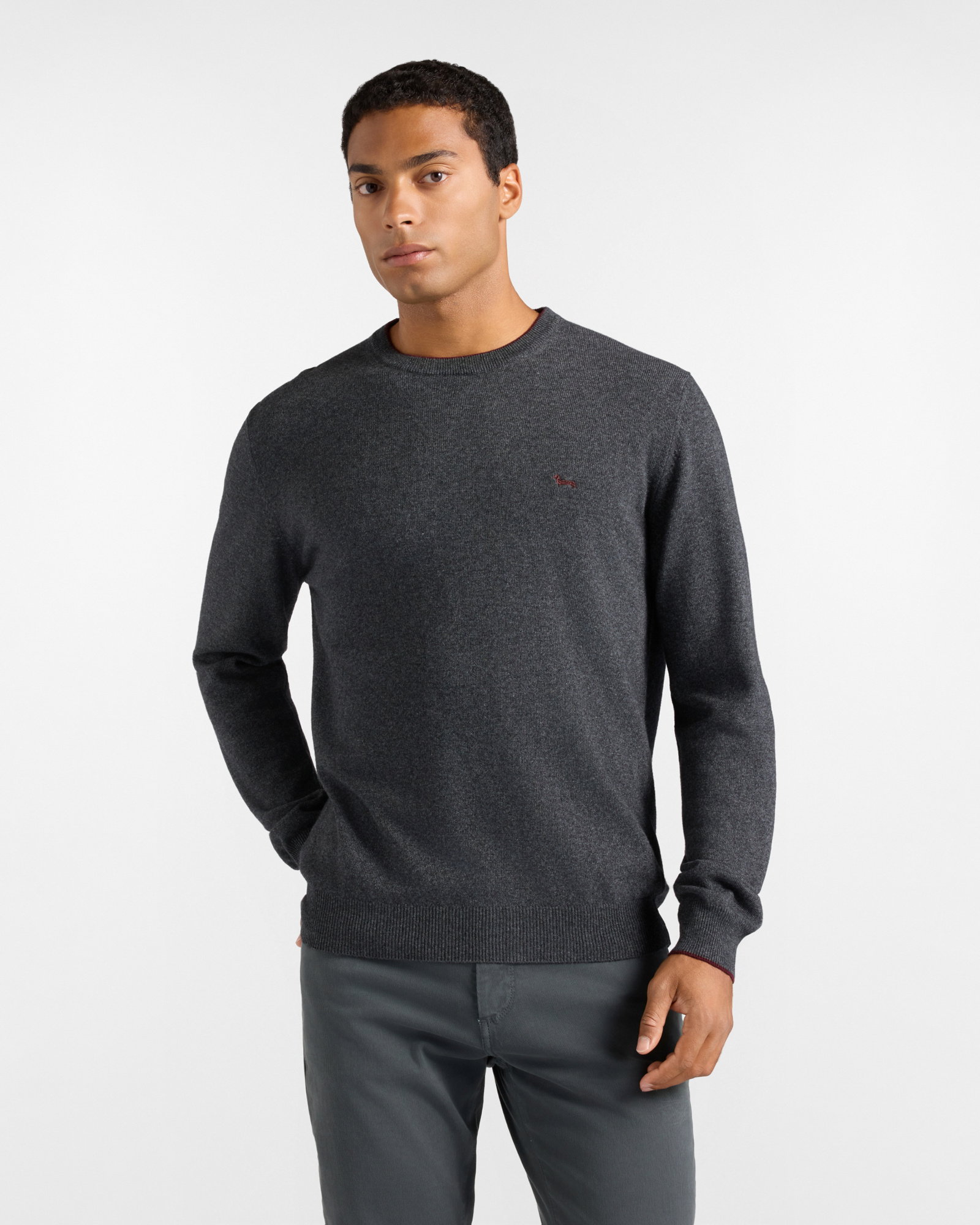 Maglia Uomo girocollo con riga contrasto in misto lana e cashmere grigio Regular Fit