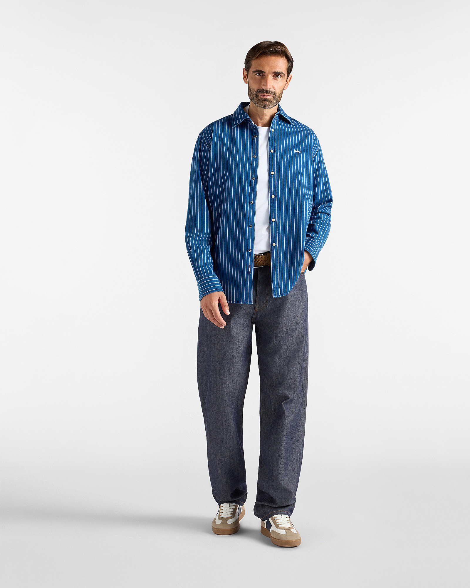 Men's denim shirt with narrow stripes and classic fit, DENIM BLUE, large