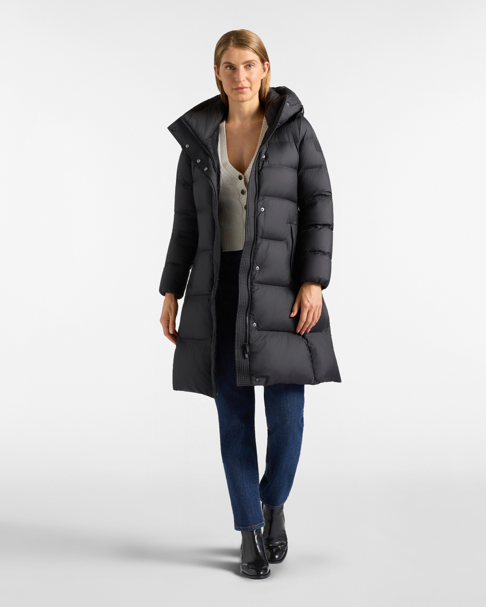 Piumino Donna in Piuma con Inserti Tecnici, NERO, large