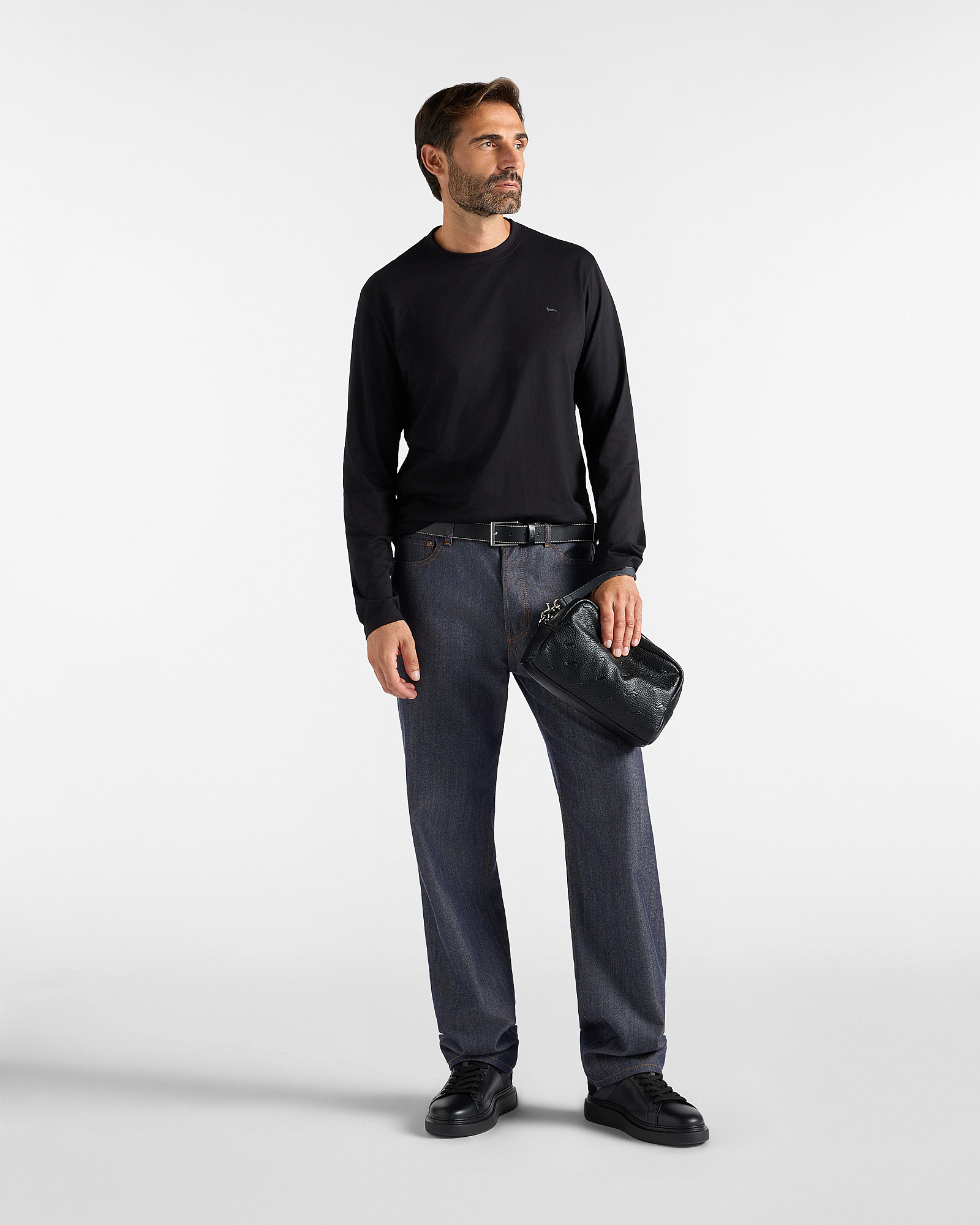 Men&rsquo;s long-sleeved T-shirt in pure cotton jersey with contrasting dachshund, BLACK, large