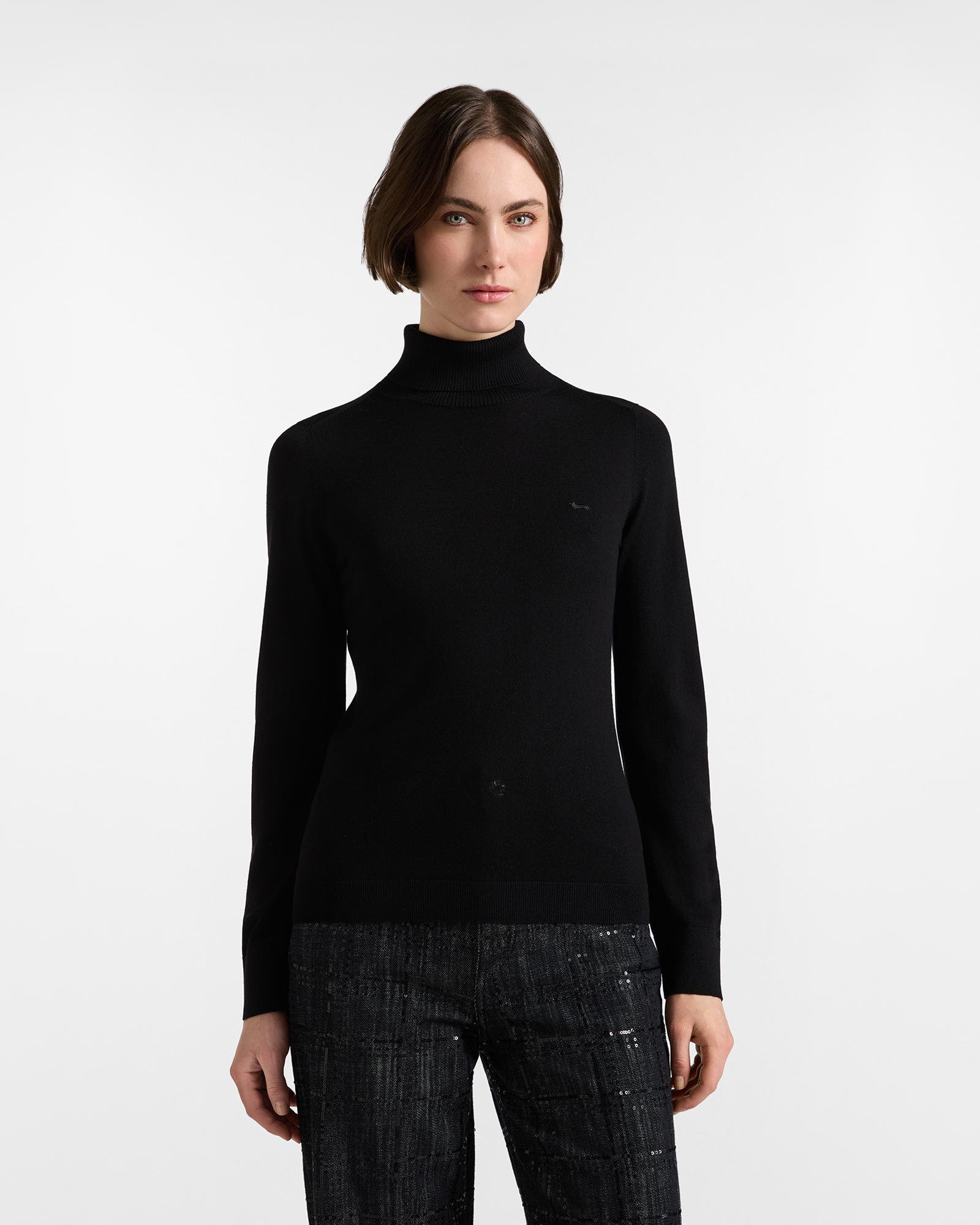 Maglia Donna con collo Parkins in 100% pura lana nera
