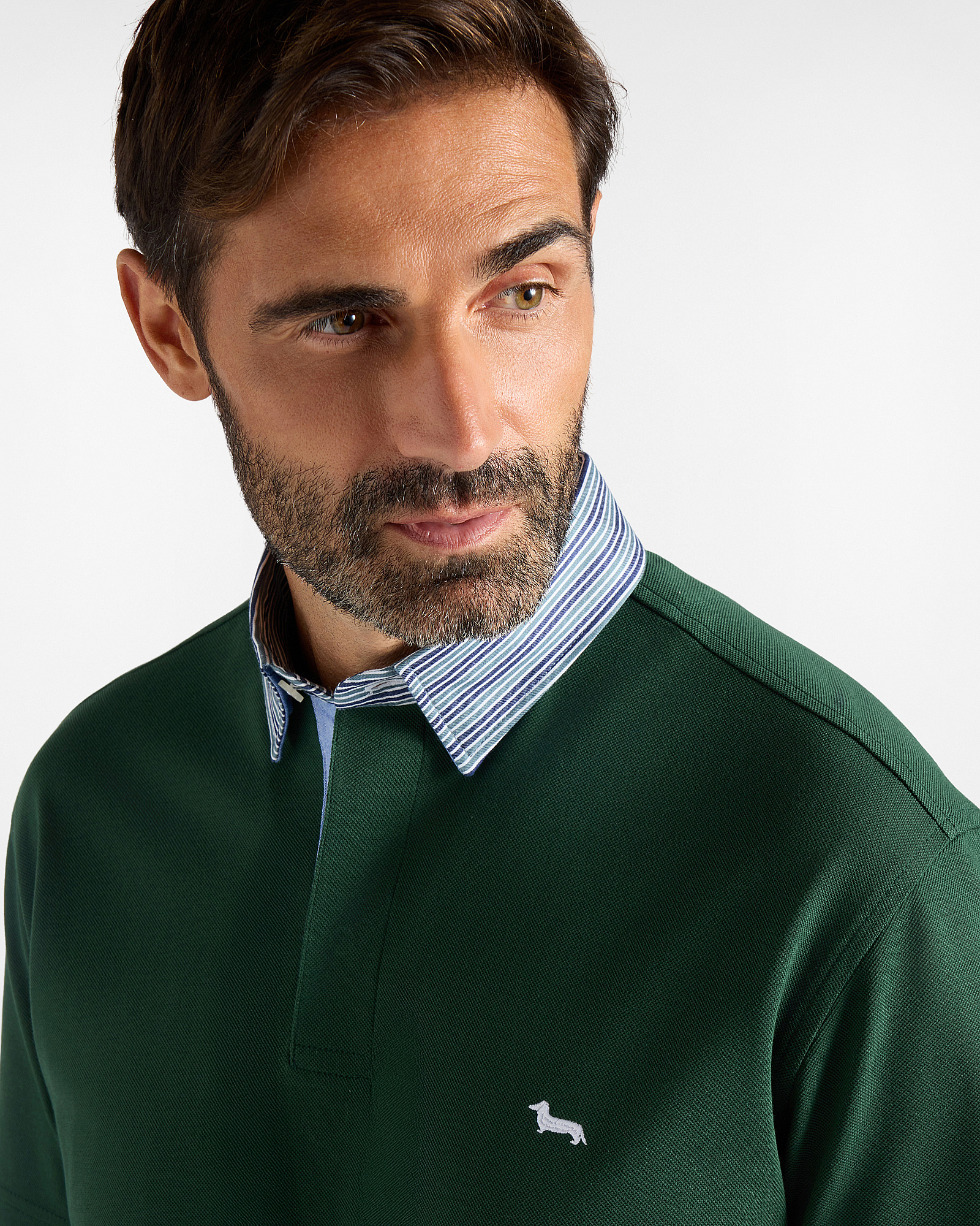 Polo de hombre Vietri en piqu&eacute; de algod&oacute;n con cuello a rayas en contraste, VERDE BOTELLA, large