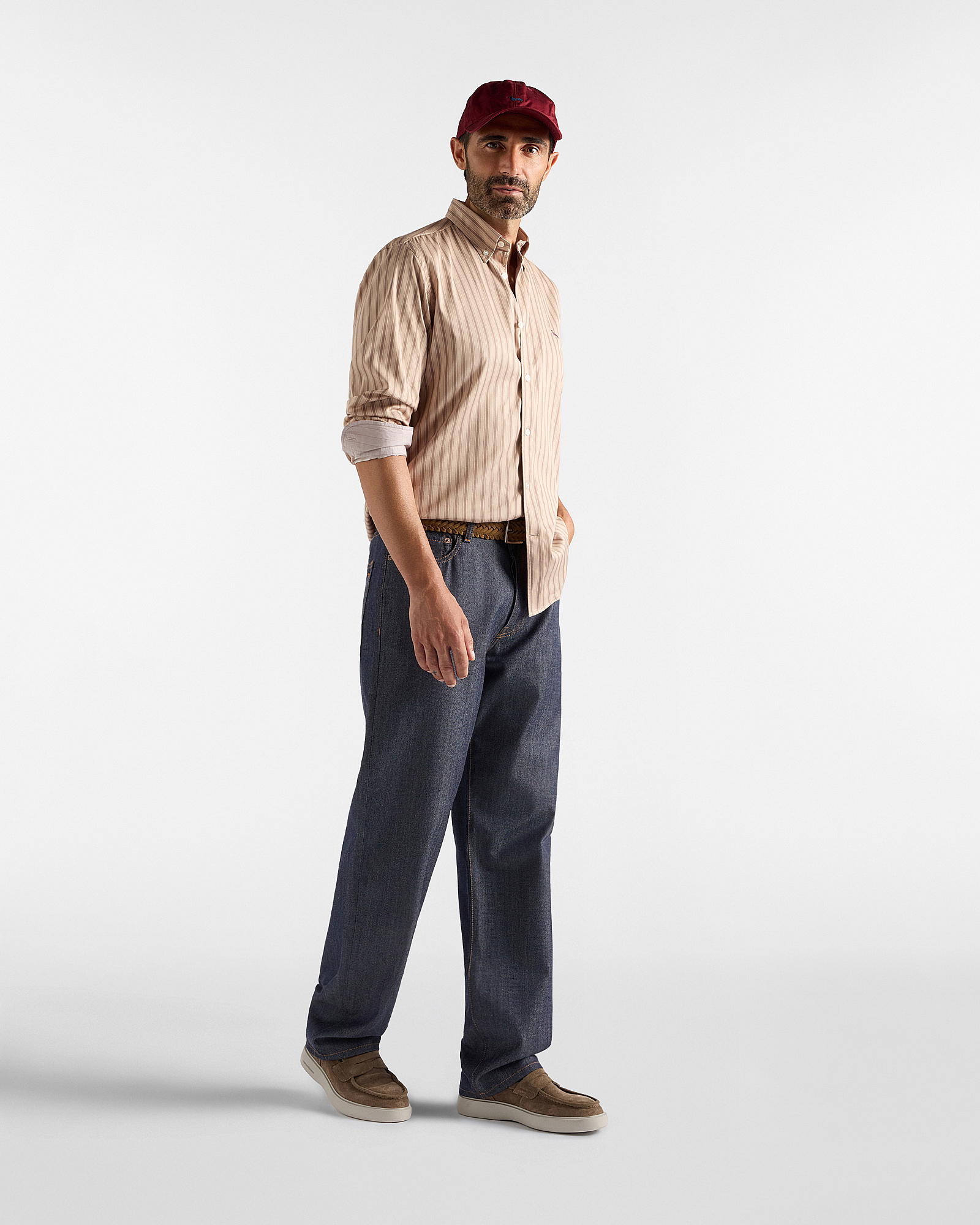 Men's regular-fit stretch satin shirt with stripe, LIGHT BROWN, large