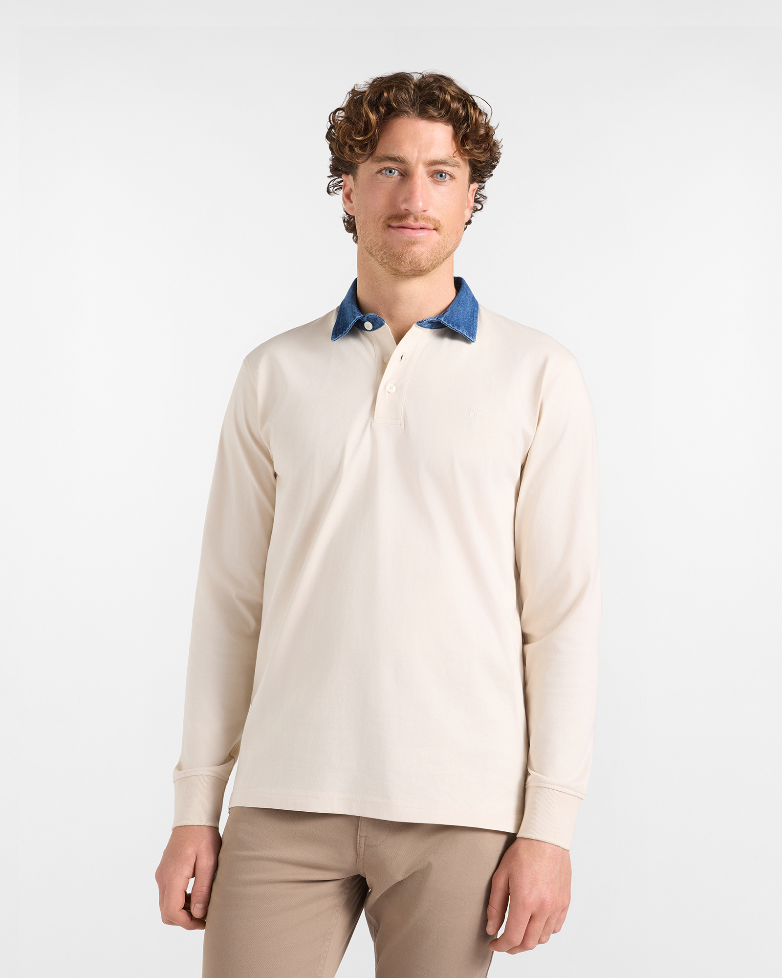Polo HBJ Uomo con Colletto in Denim di Puro Cotone Bianco Naturale