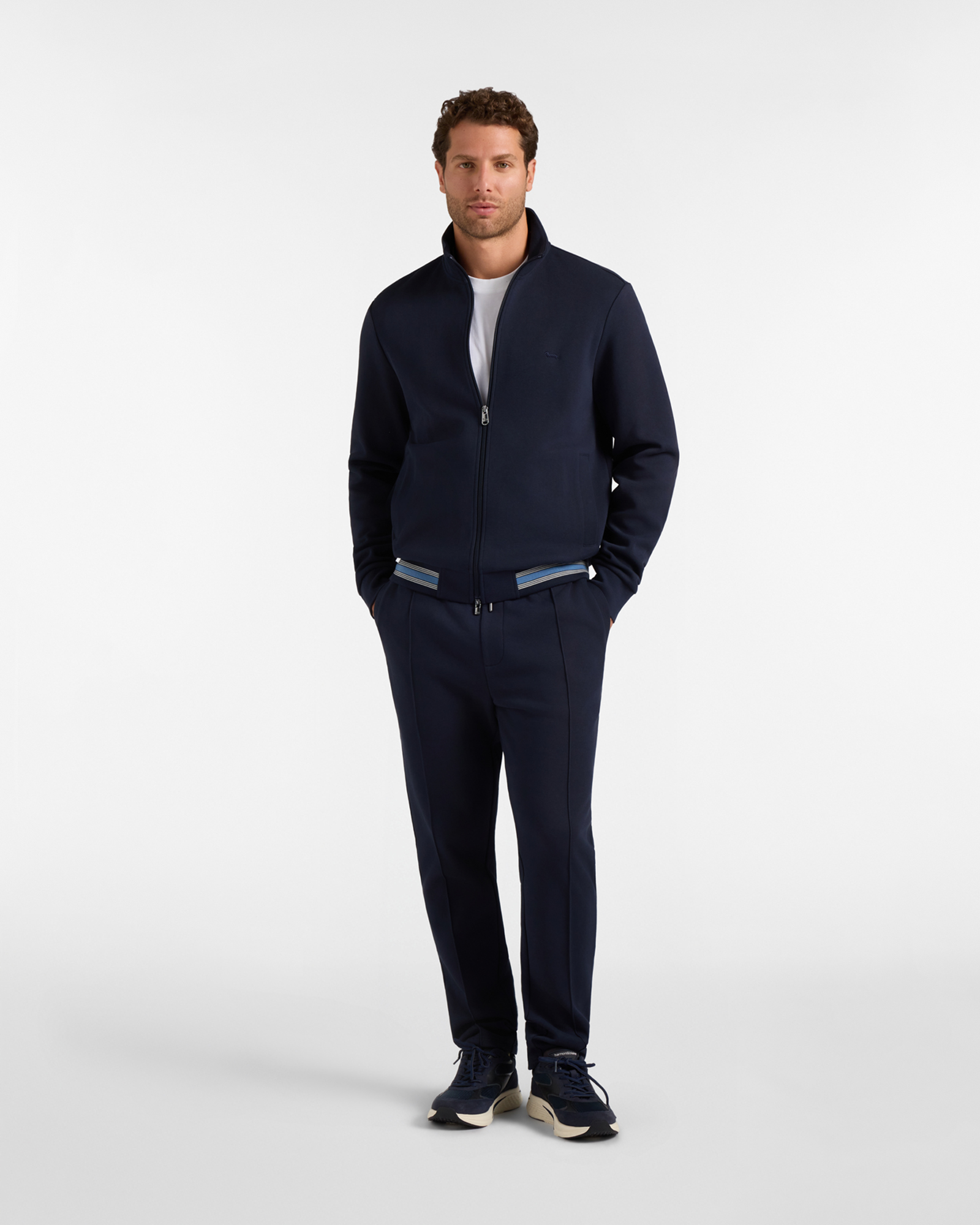 Men's  full-zip piqu&eacute; sweatshirt with striped details, NAVY BLUE, large