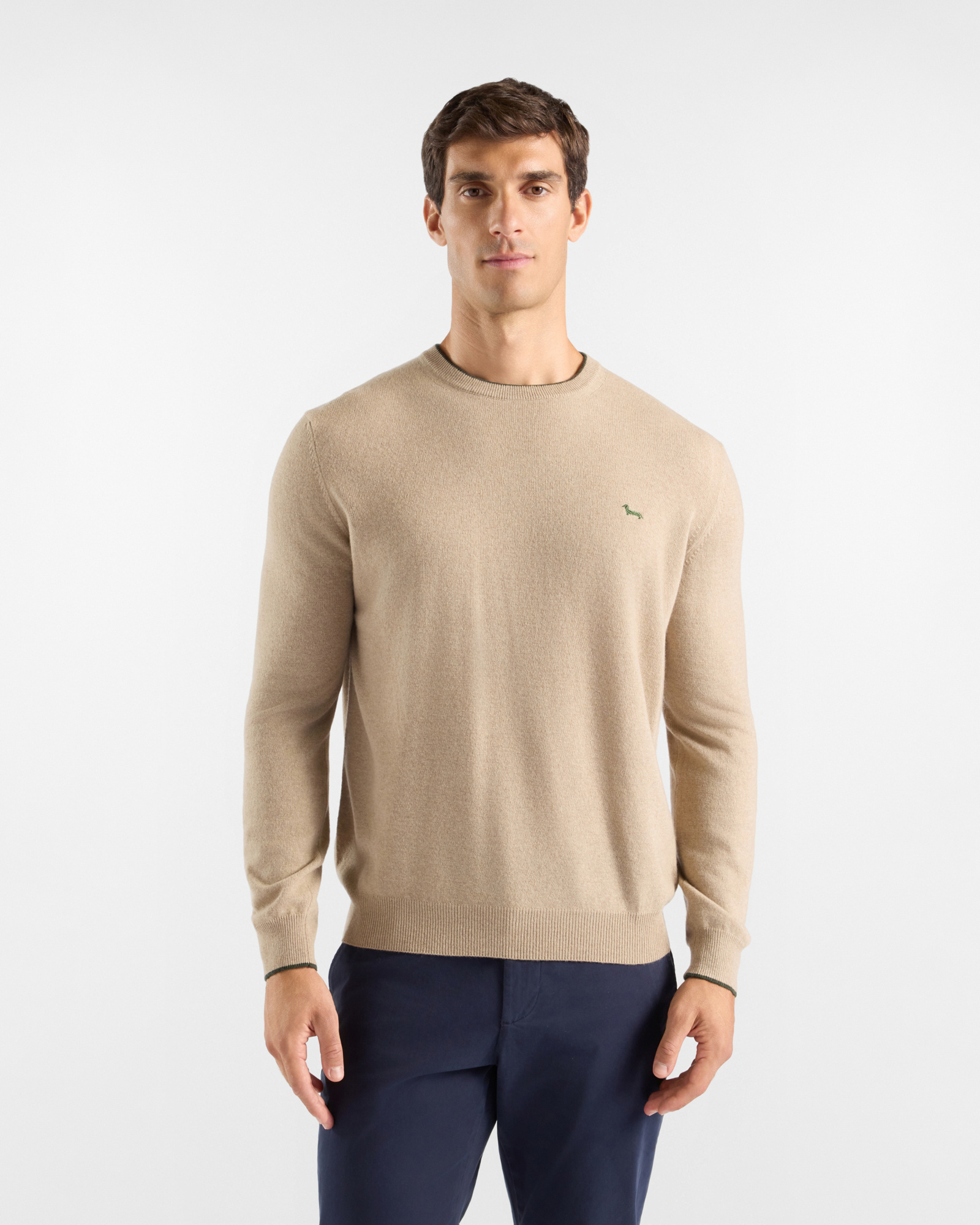 Maglia Uomo girocollo con riga a contrasto in misto lana e cashmere beige Regular Fit