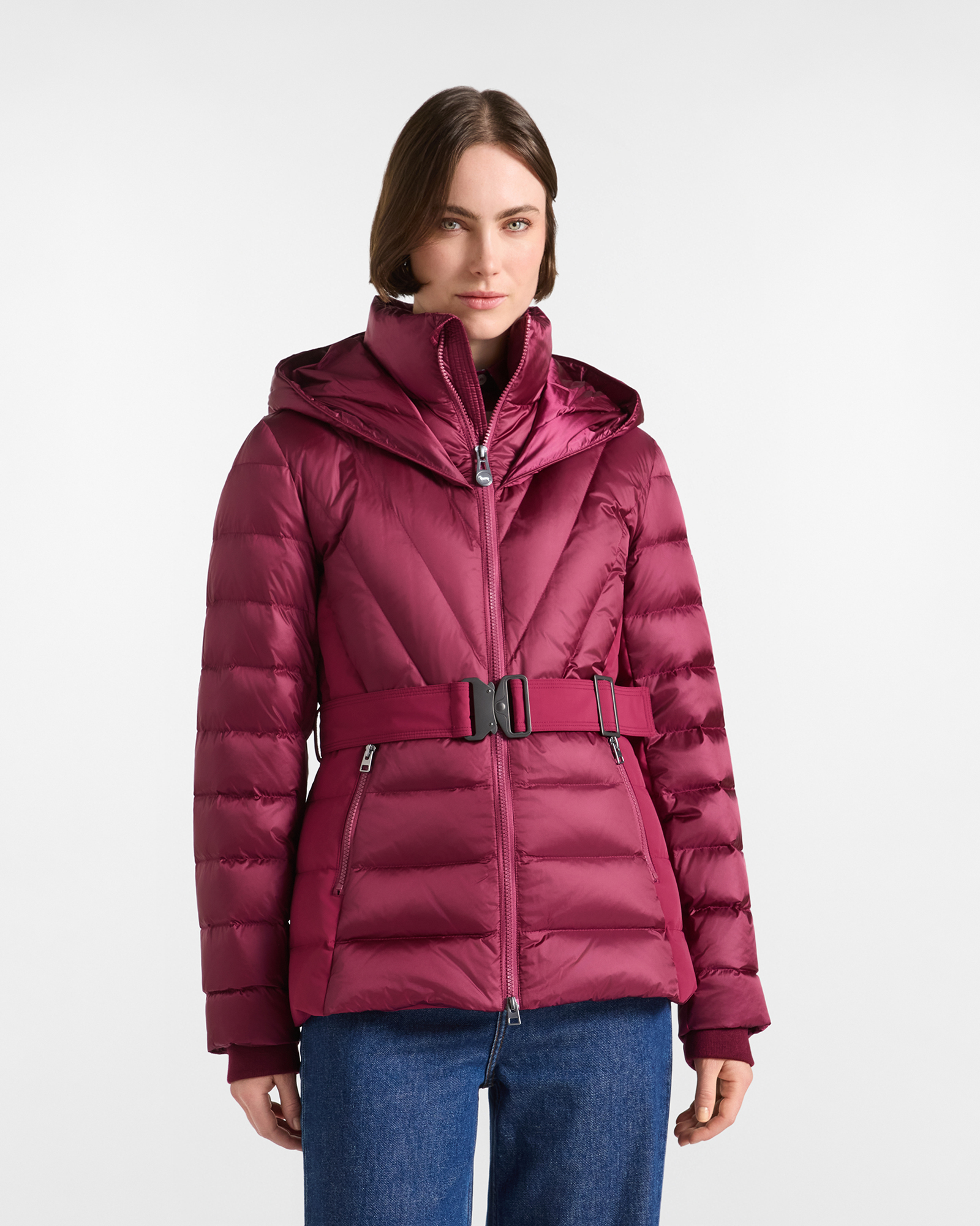 Piumino Donna in piuma con doppio collo e cappuccio in nylon tecnico ciclamino