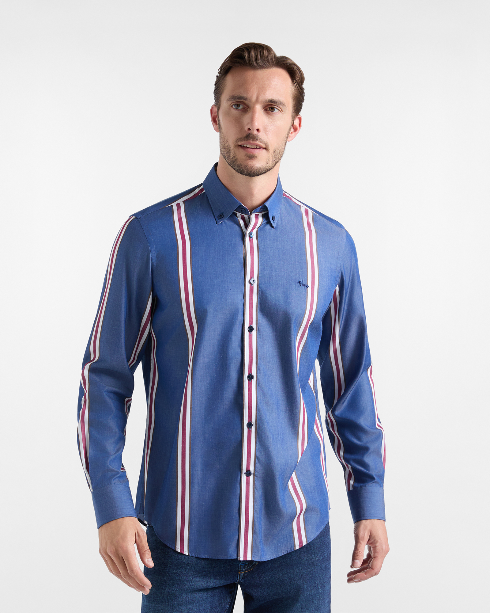 Camicia Uomo Tencel&reg; riga regimental piazzata Narrow Fit blu sport