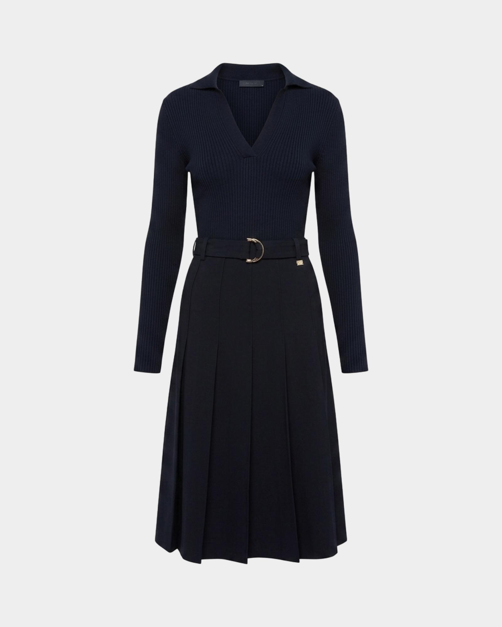 Vestido midi bimat&eacute;rico de mujer con cuerpo de canal&eacute; y cintur&oacute;n, AZUL, large