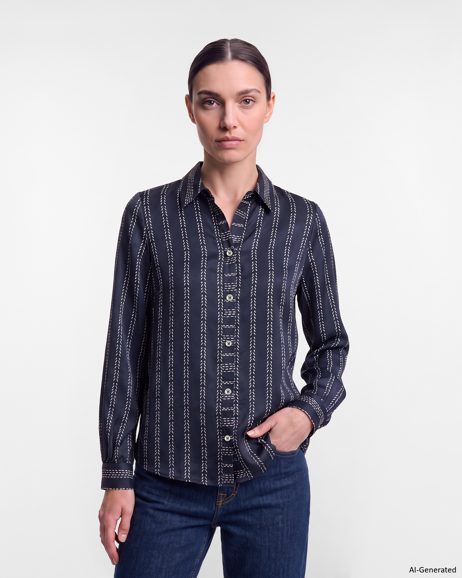 Camisa de mujer estampada con cuello de pico color azul Made in Italy