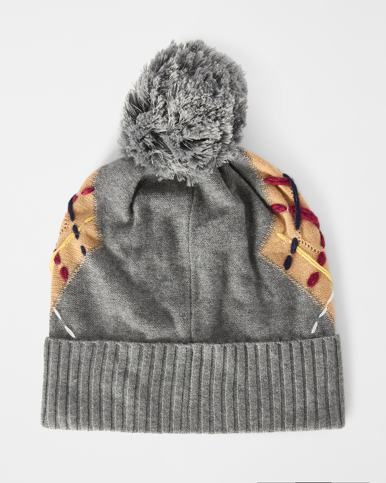 Women's Wool-Blend Argyle Beanie with Pom-Pom and Handmade Embroidery, GRAY, large
