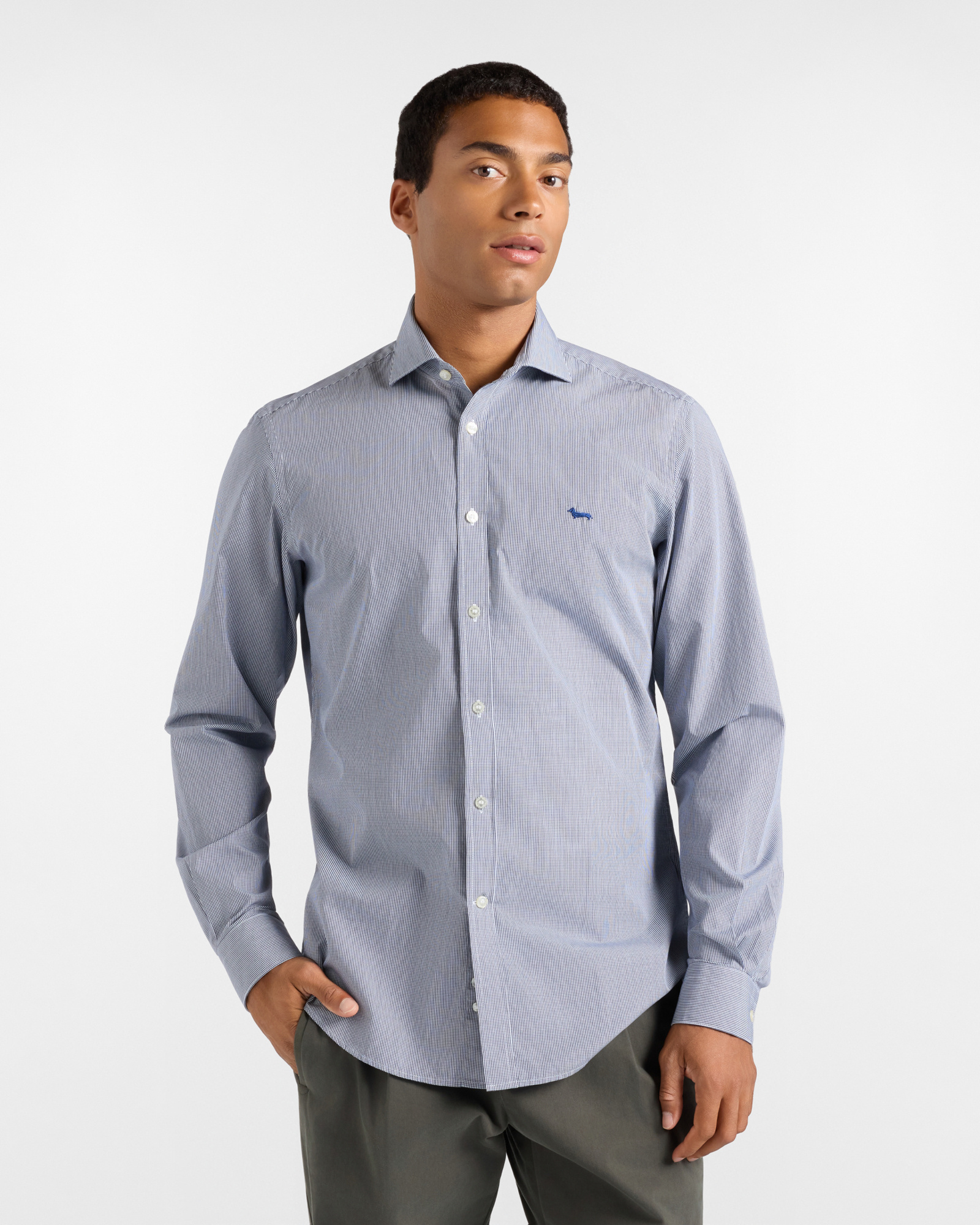 Camicia Uomo Micro Vichy tinto filo Narrow Fit blu