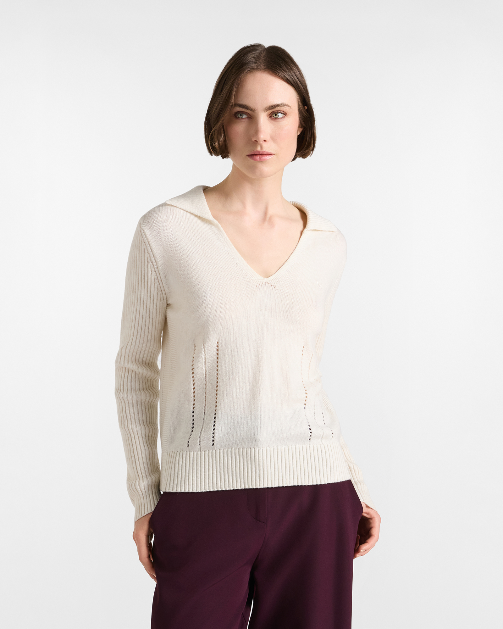Maglia Donna con colletto polo in misto lana bianca con cachemire