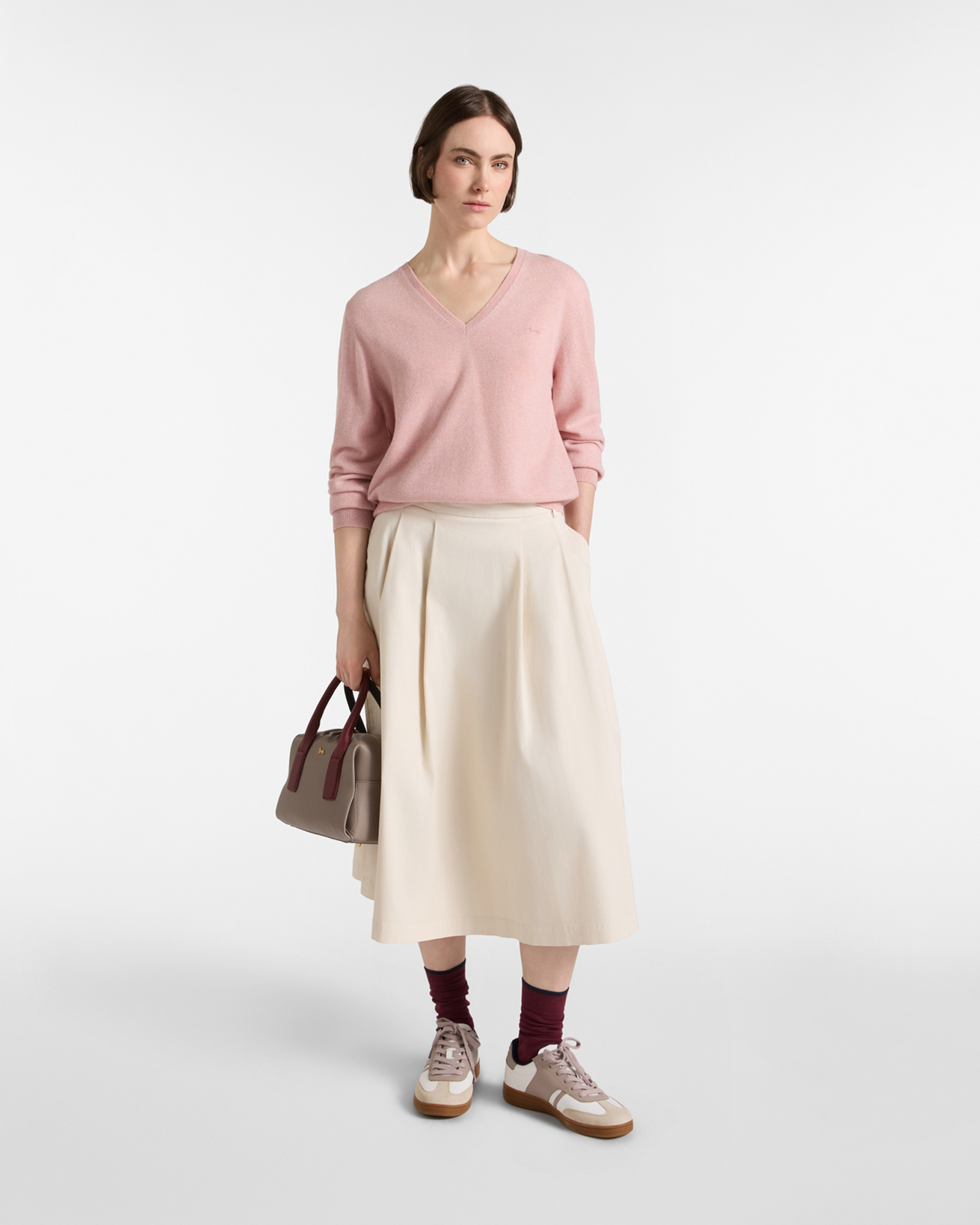 Maglia Donna con scollo a V in 100% puro cashmere Made in Italy, ROSA, large