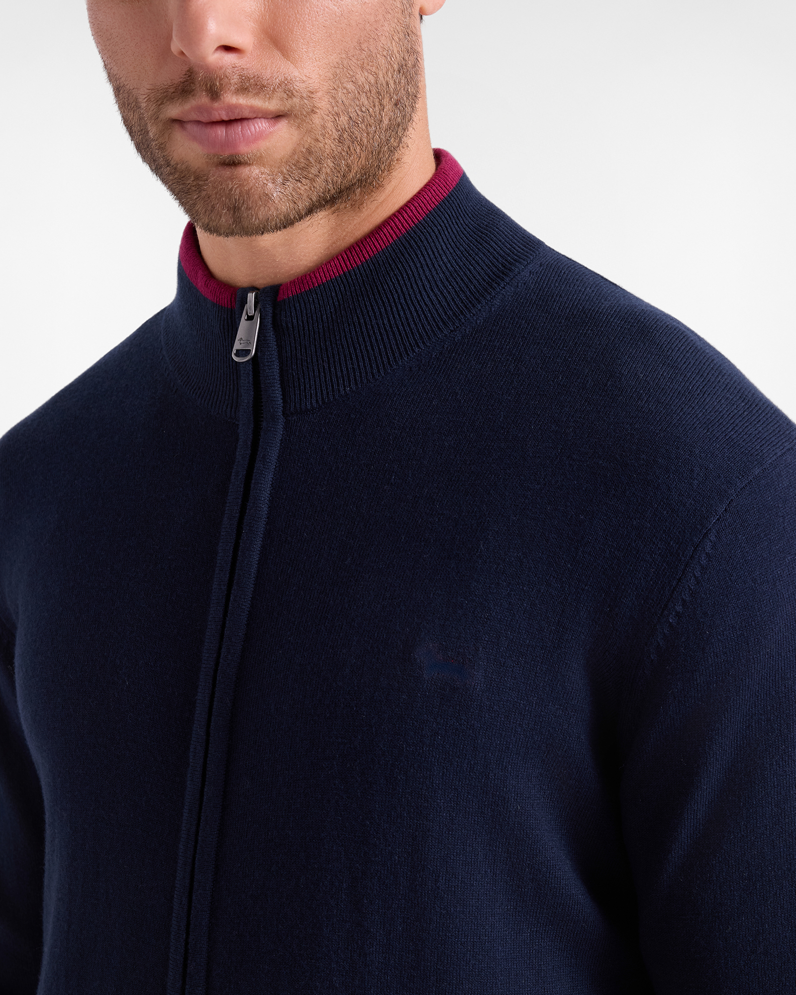 Men's regular fit sweater with full-zip stand-up collar in wool and cotton blend, NAVY BLUE, large