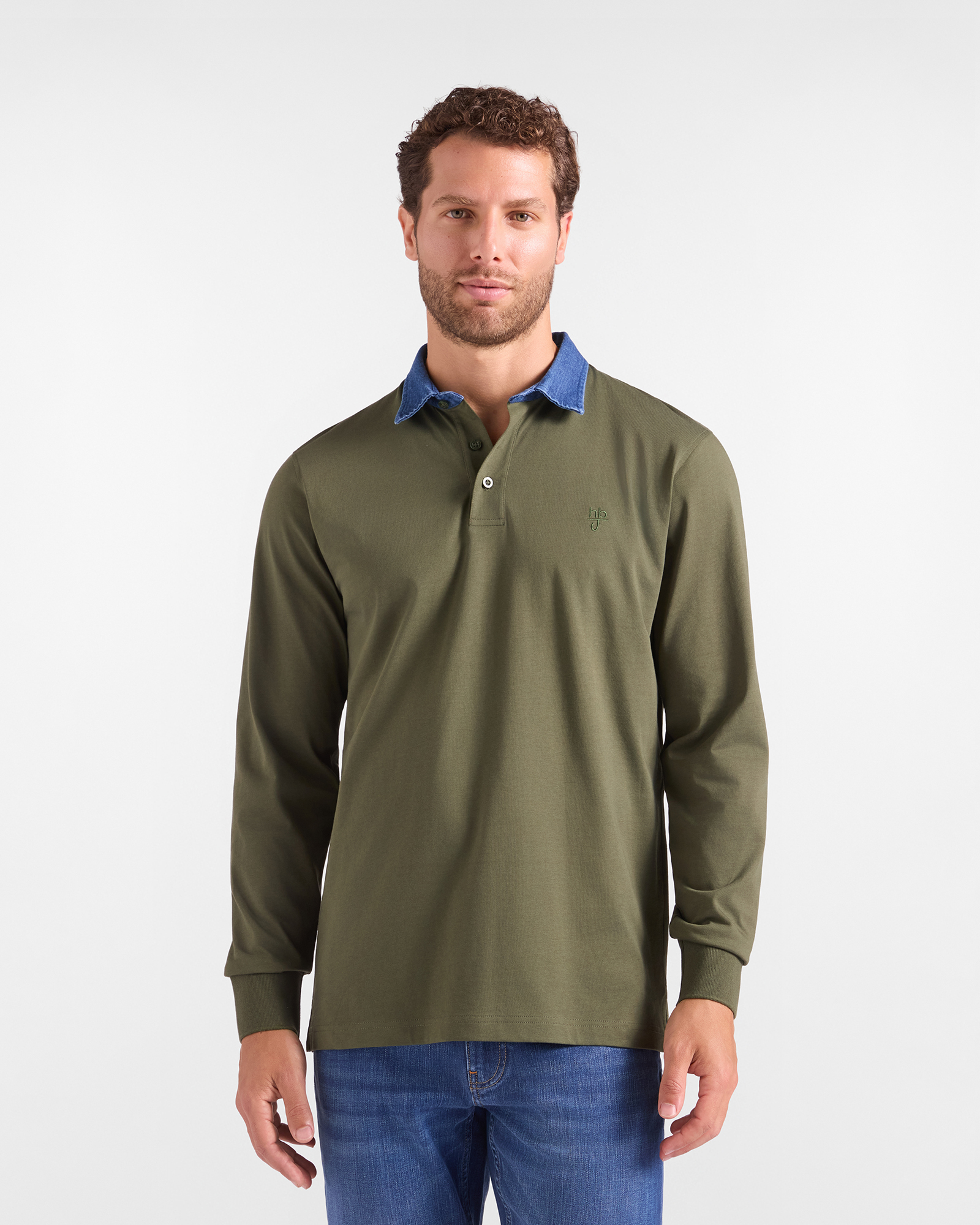 Polo HBJ Uomo con Colletto in Denim di Puro Cotone Verde Militare
