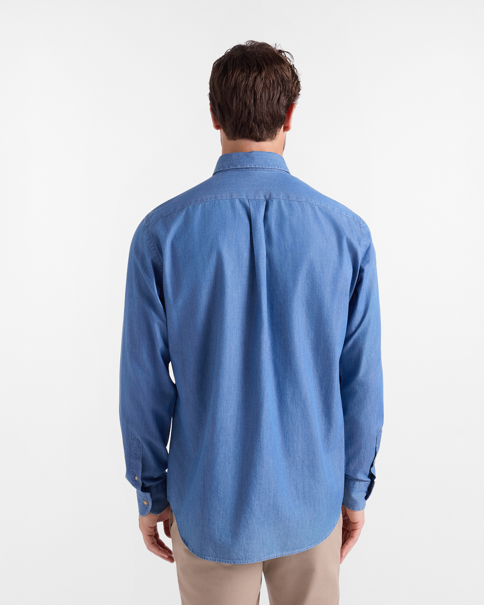 Men's regular-fit dark  denim shirt with button-down collar and rope topstitching, DENIM BLUE, large