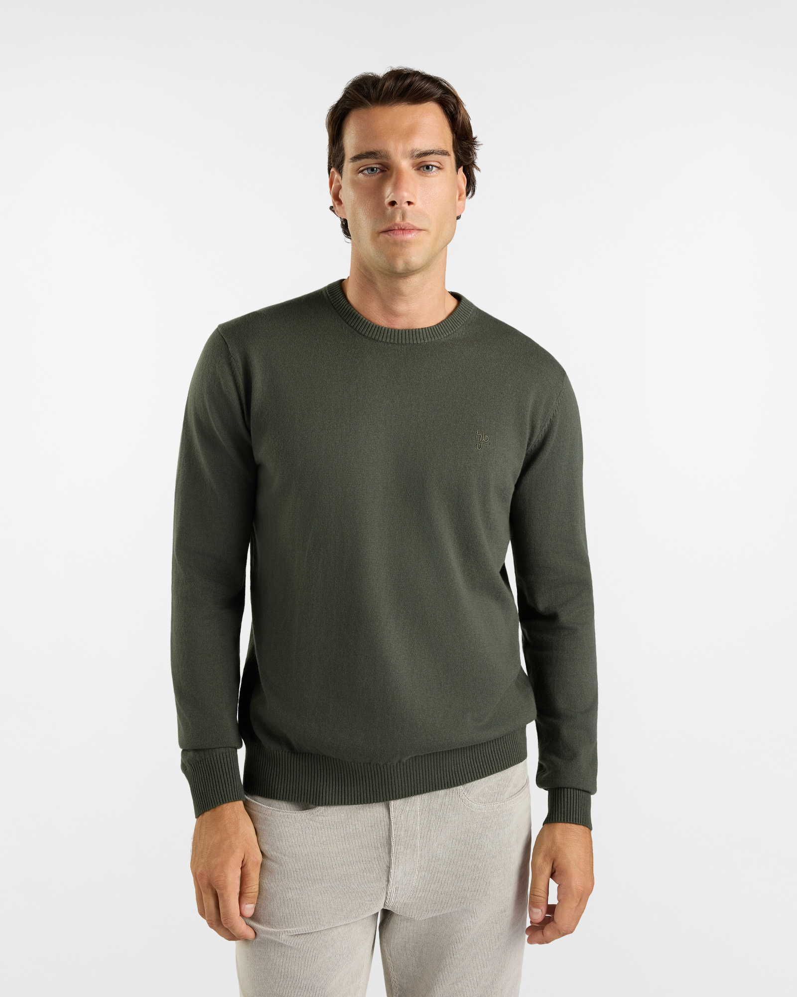 HBJ Men&rsquo;s Basic Round-Neck Jumper in Green Wool and Cashmere Blend