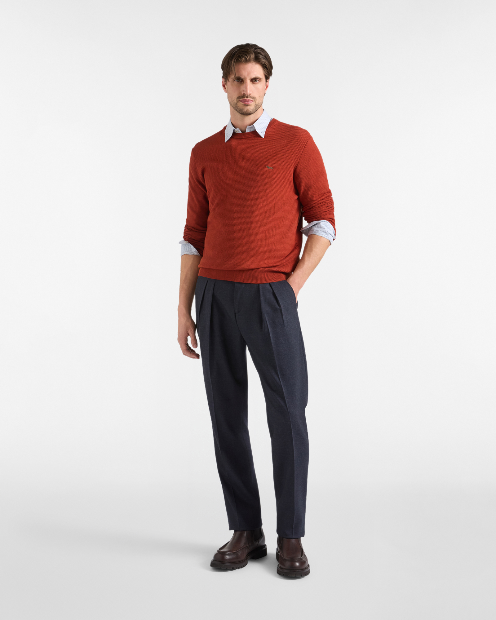Men's regular fit sweater in wool and cotton blend, BRICK RED, large