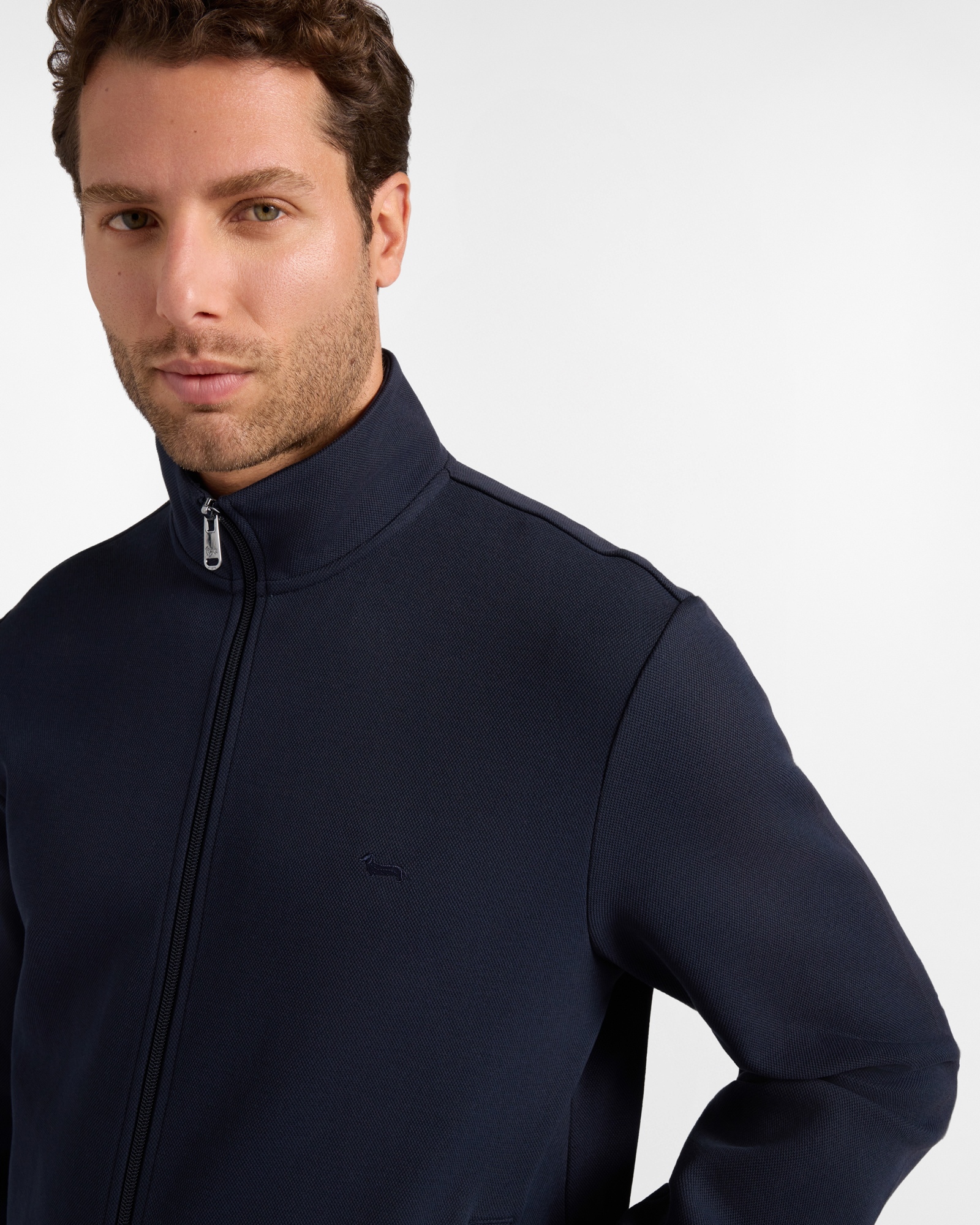 Men's  full-zip piqu&eacute; sweatshirt with striped details, NAVY BLUE, large