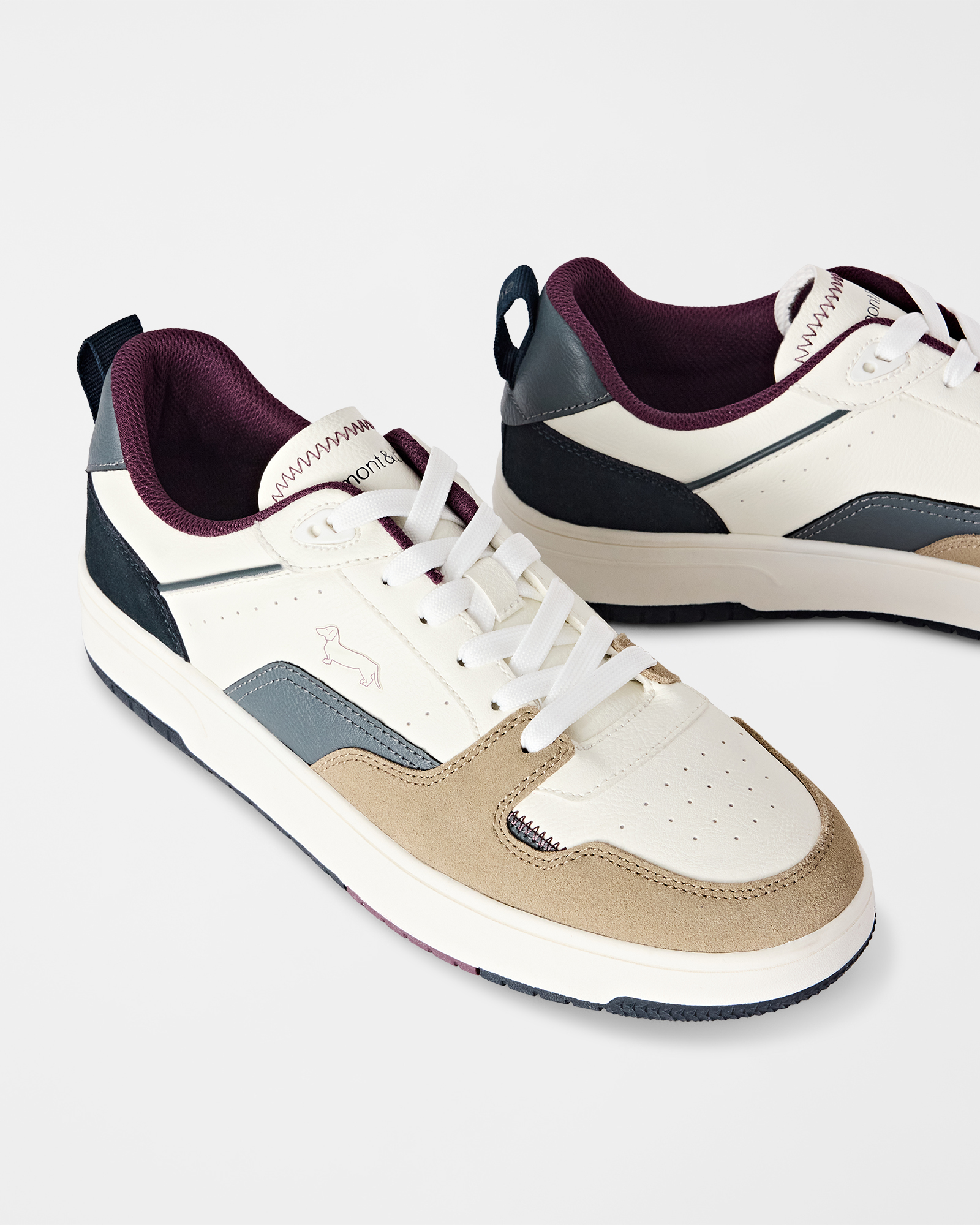 Sneaker Uomo basket-style in vera pelle, simil pelle e camoscio, TAUPE - OFF WHITE, large